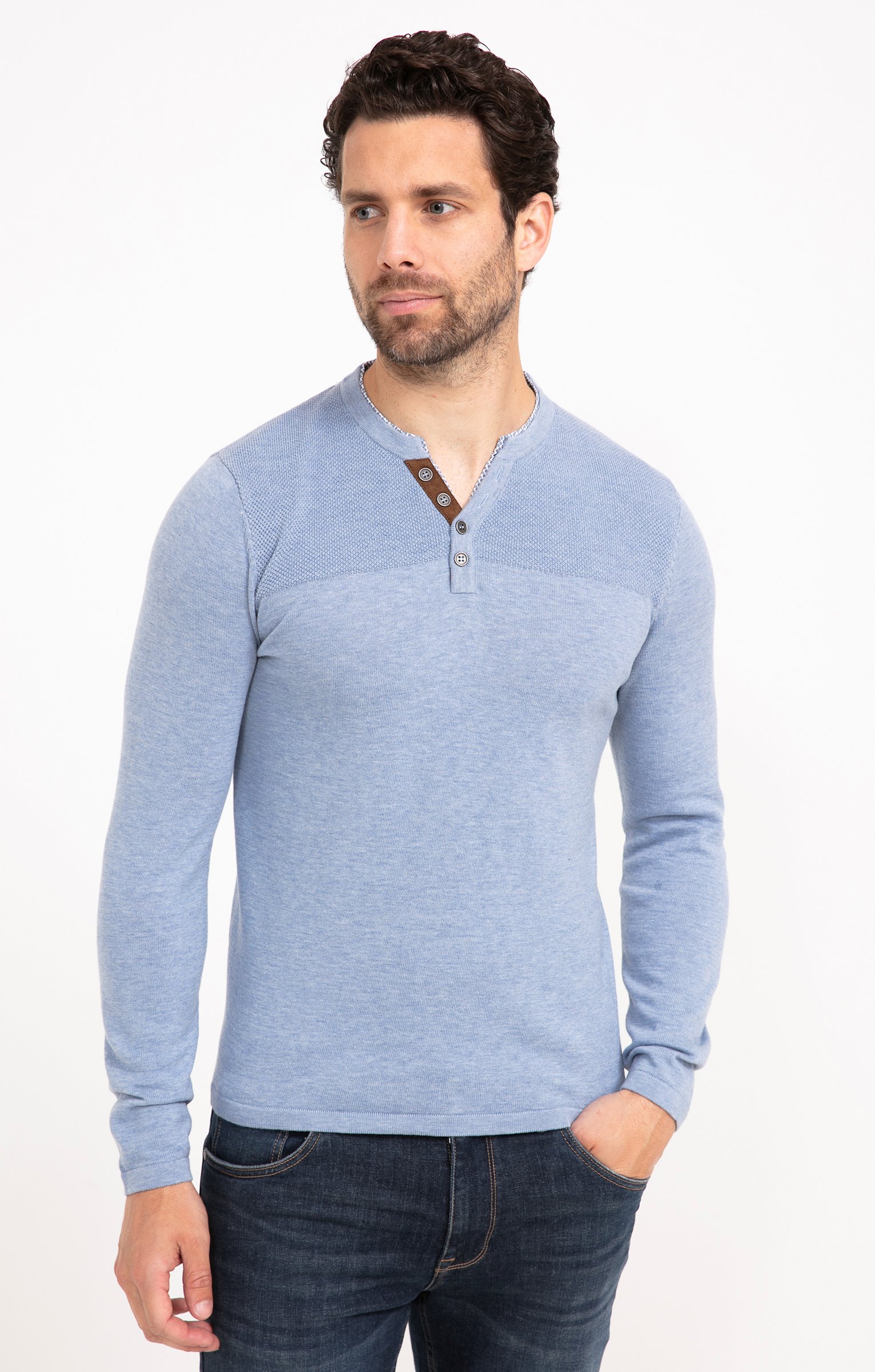 Pull uni col tunisien - BLEU CIEL