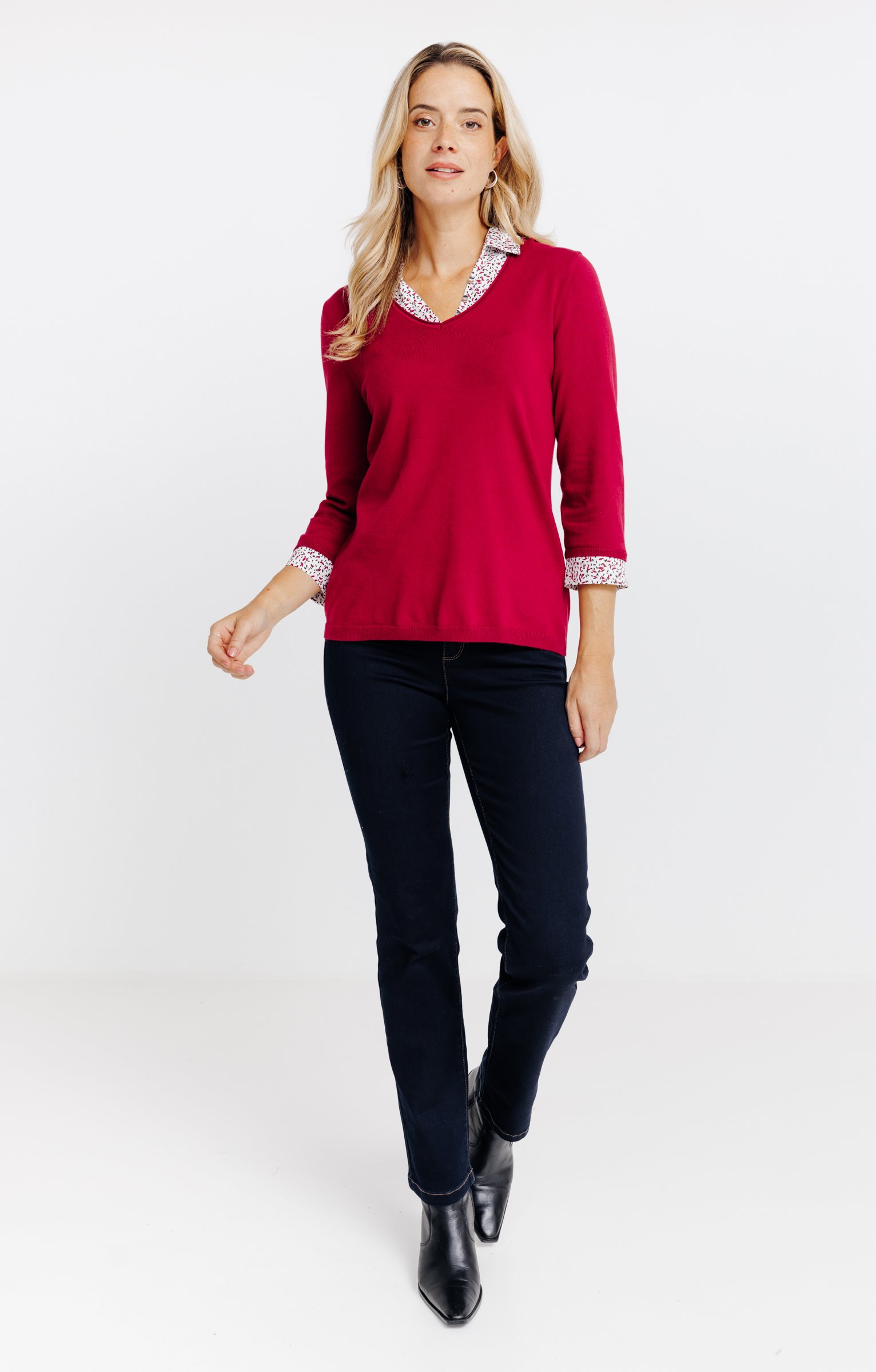 Pull 2-en-1 col chemise - BORDEAUX