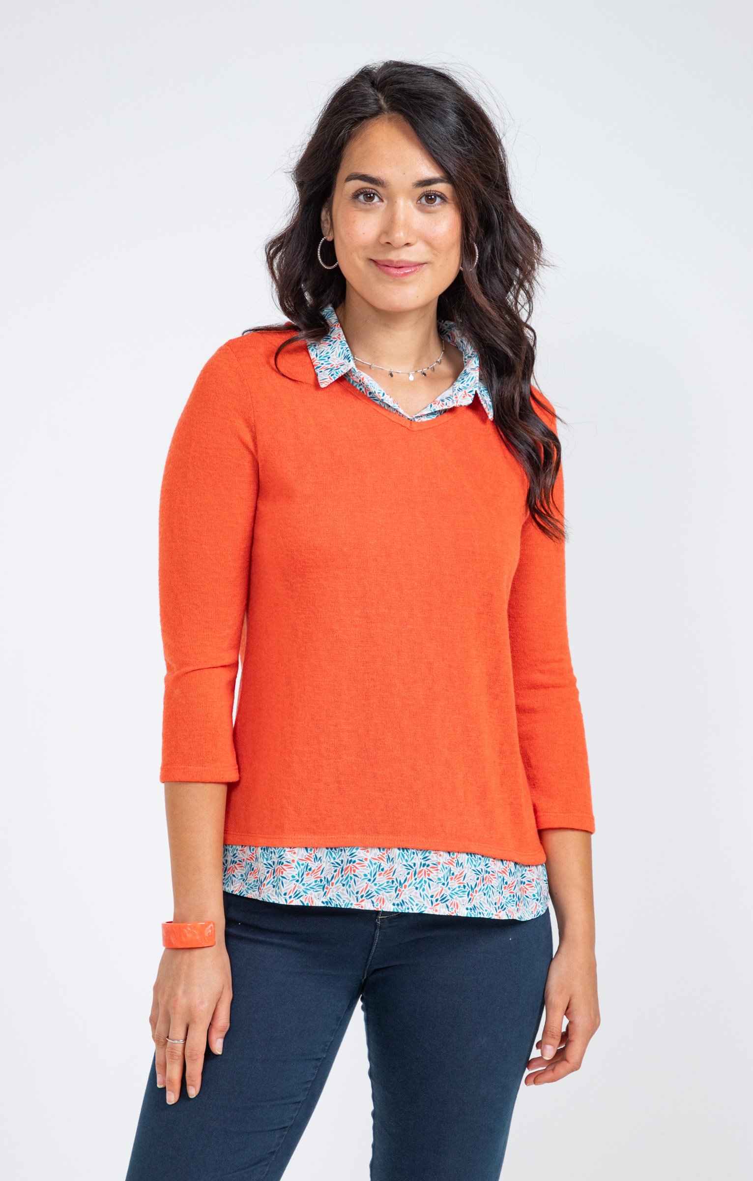 Tee-shirt 2-en-1 col imprimé - MANDARINE