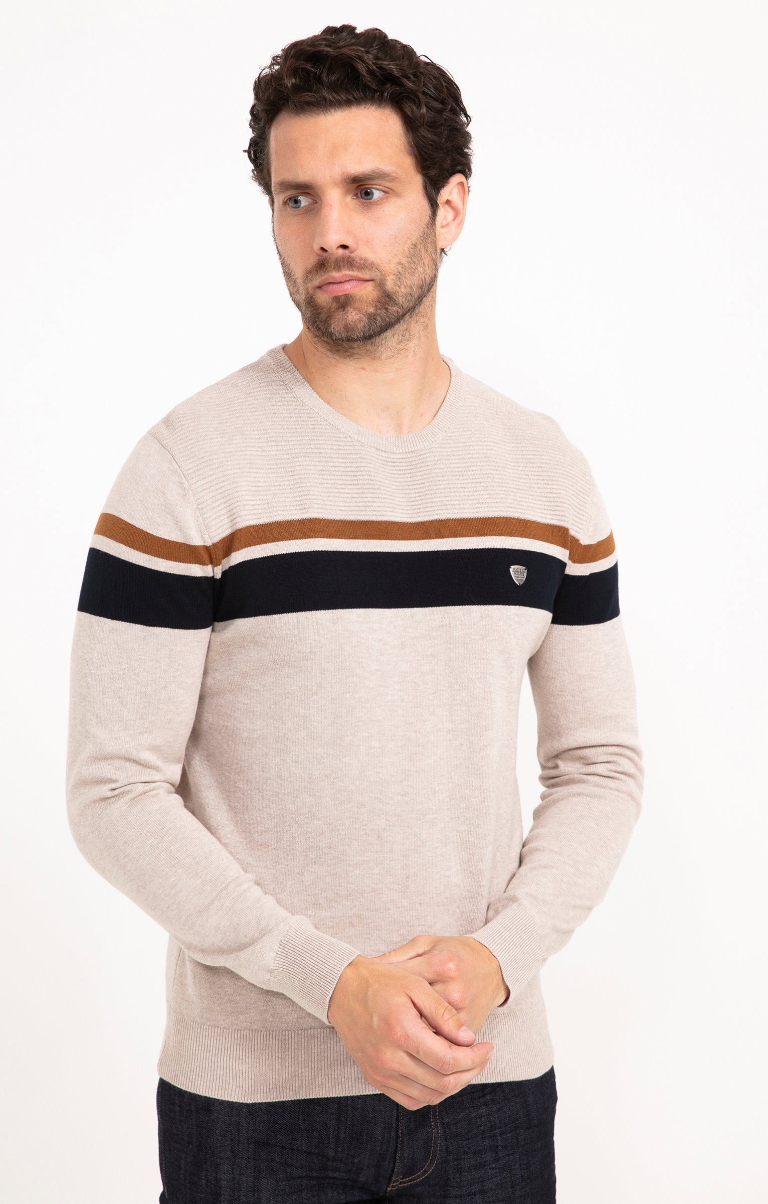 Pull col rond rayure placée - BEIGE