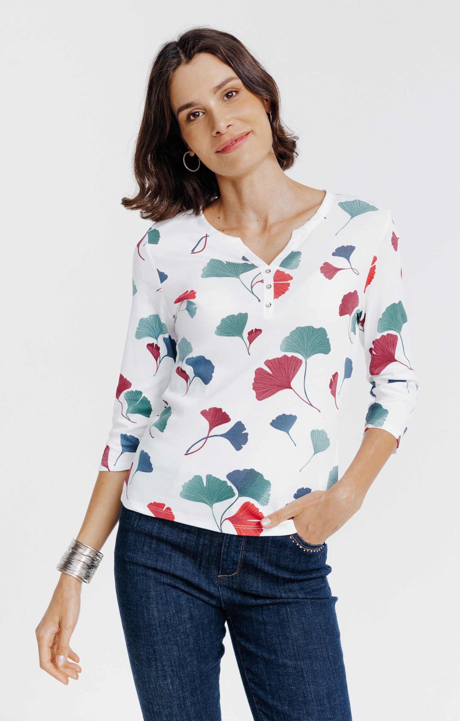 Tee-shirt imprimé floral col rond patte - ÉCRU