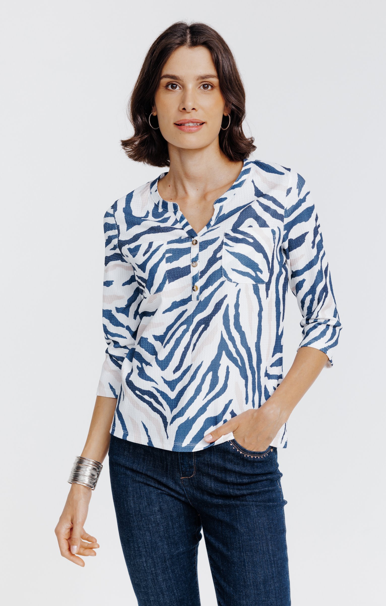 Tee-shirt col mao imprimé - ÉCRU