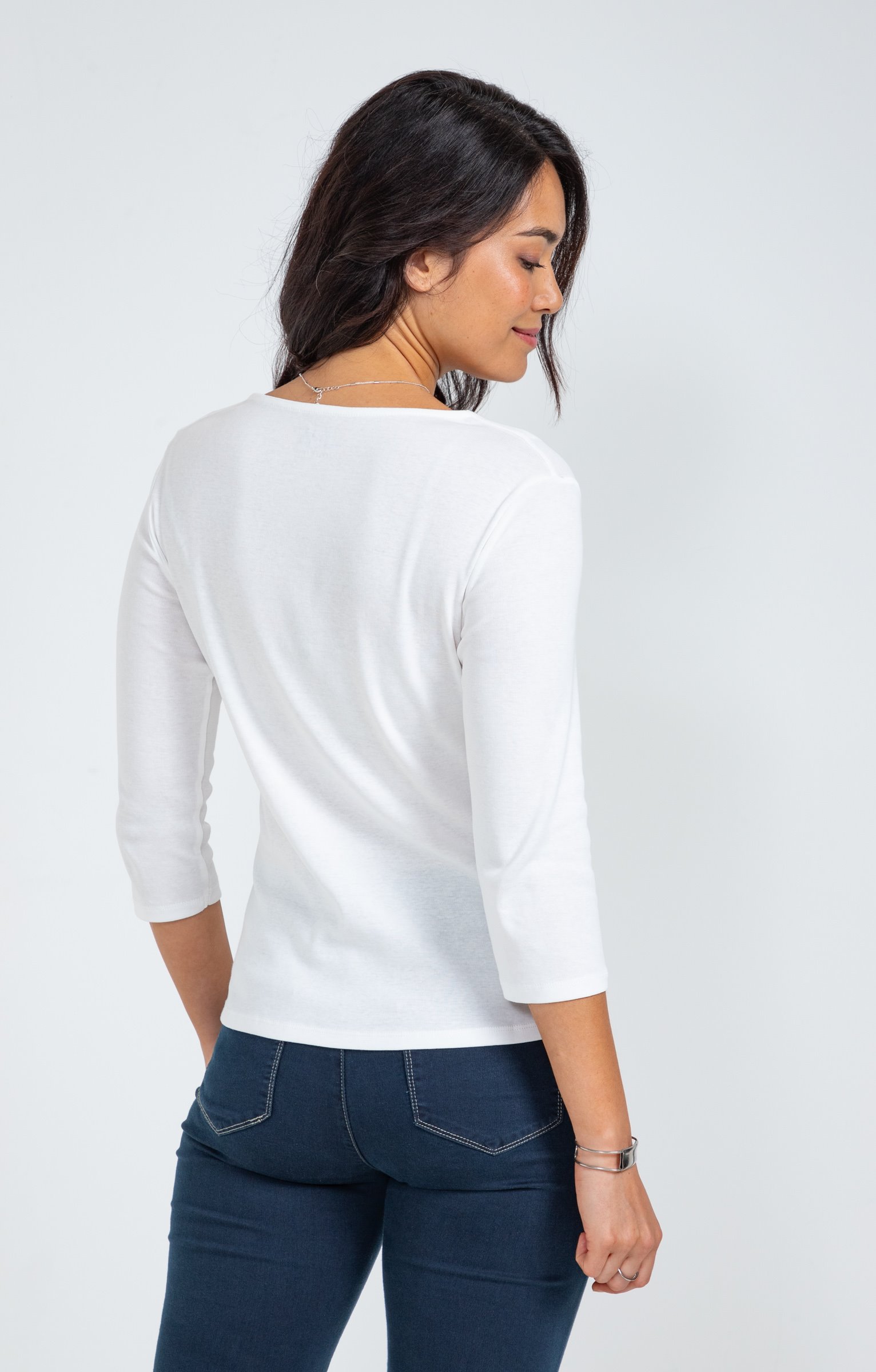 Tee-shirt uni col V festons - ÉCRU