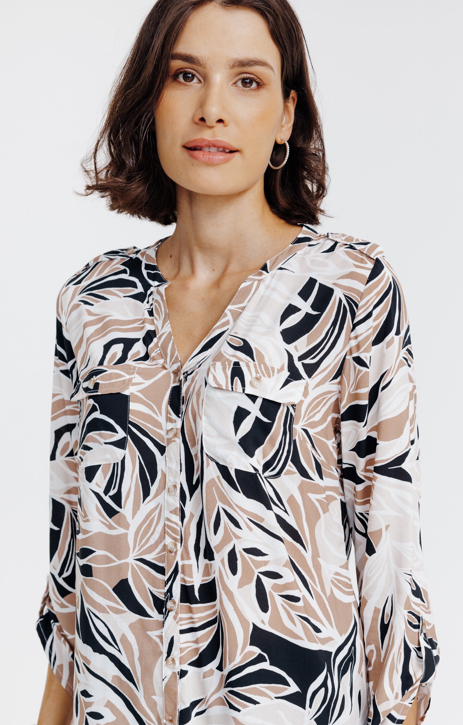 Chemise col mao imprimée feuillage  - GRÈGE