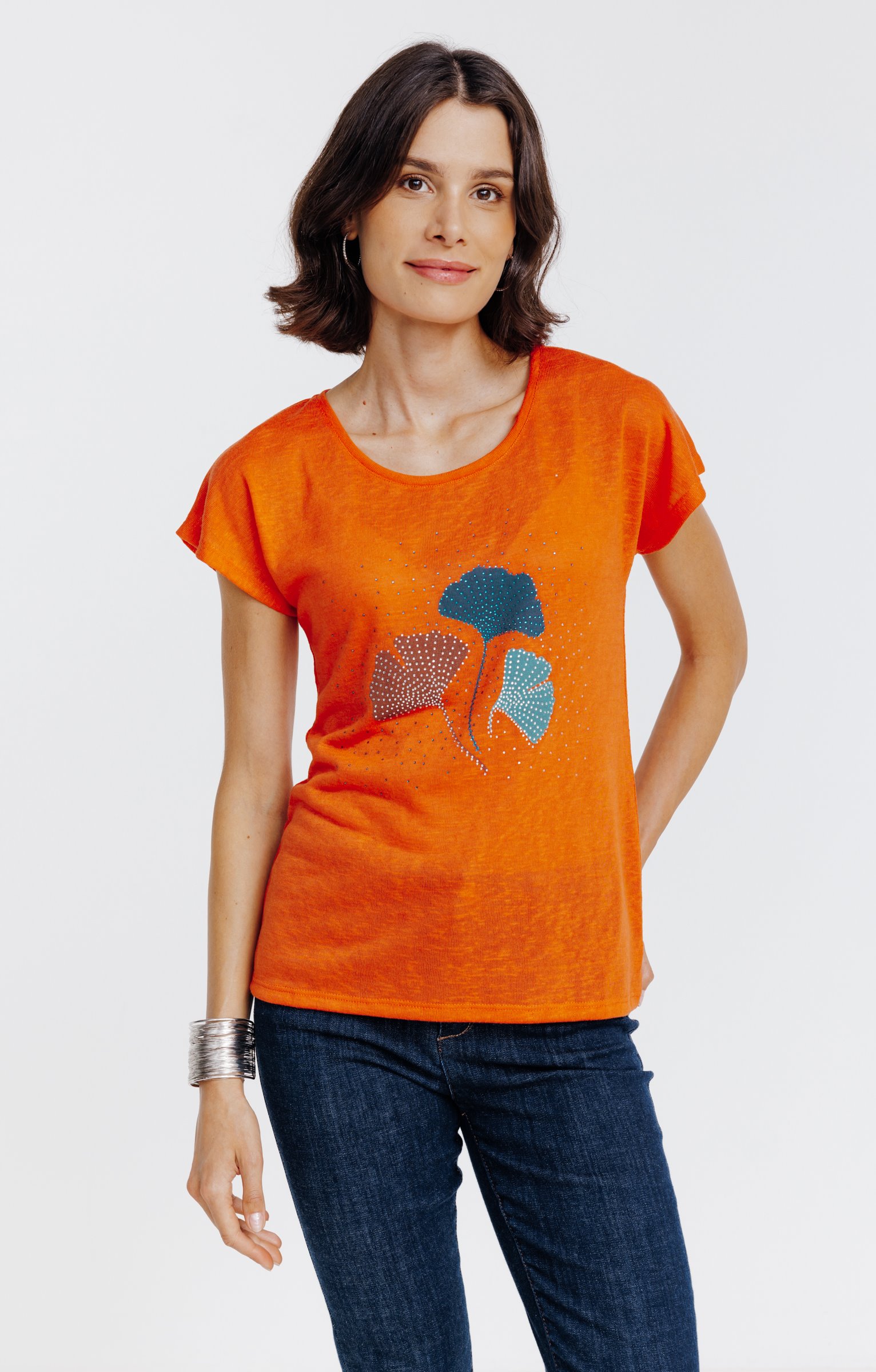 Tee-shirt imprimé strass - MANDARINE