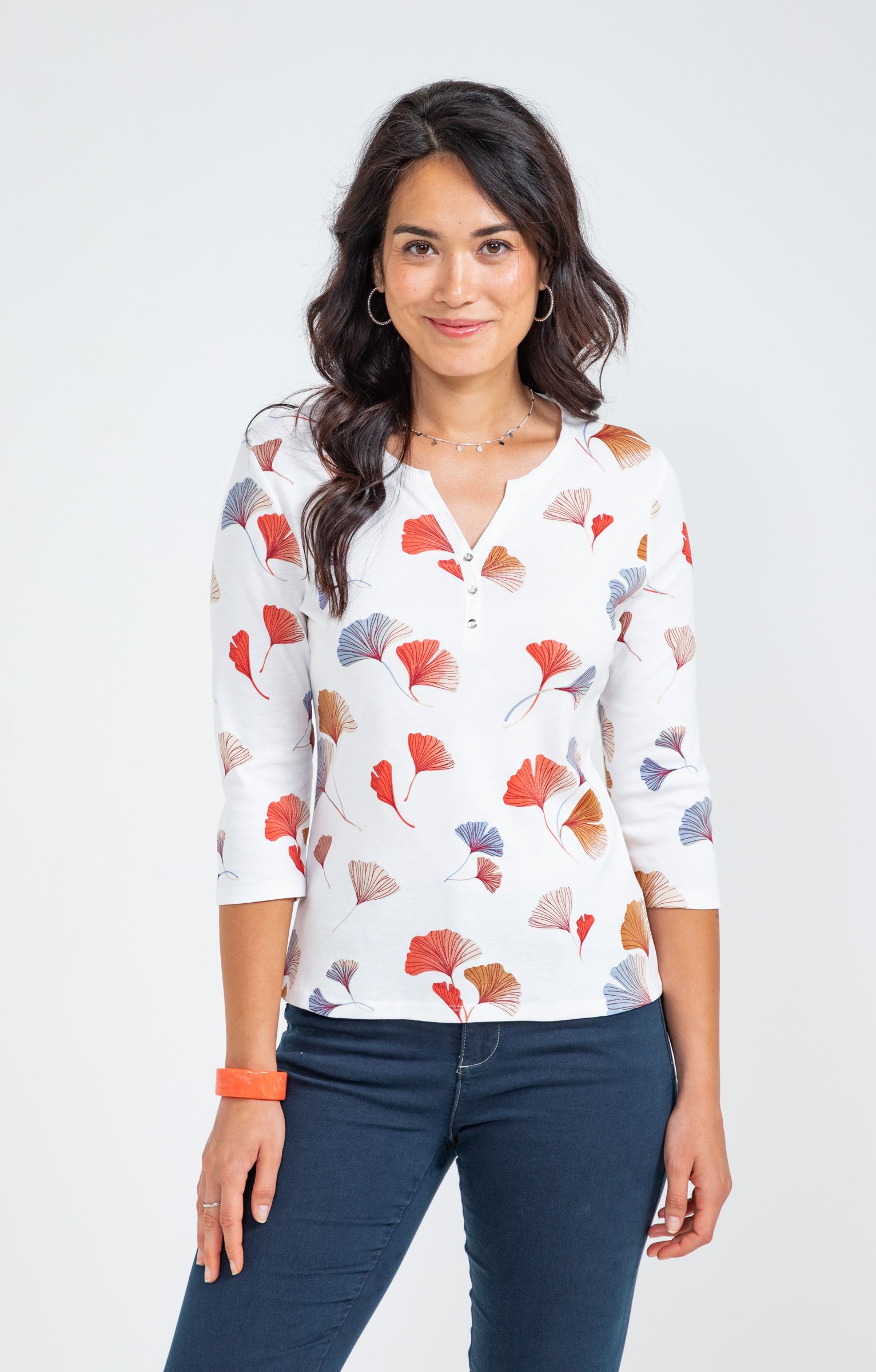 Tee-shirt imprimé floral col rond patte - MELON