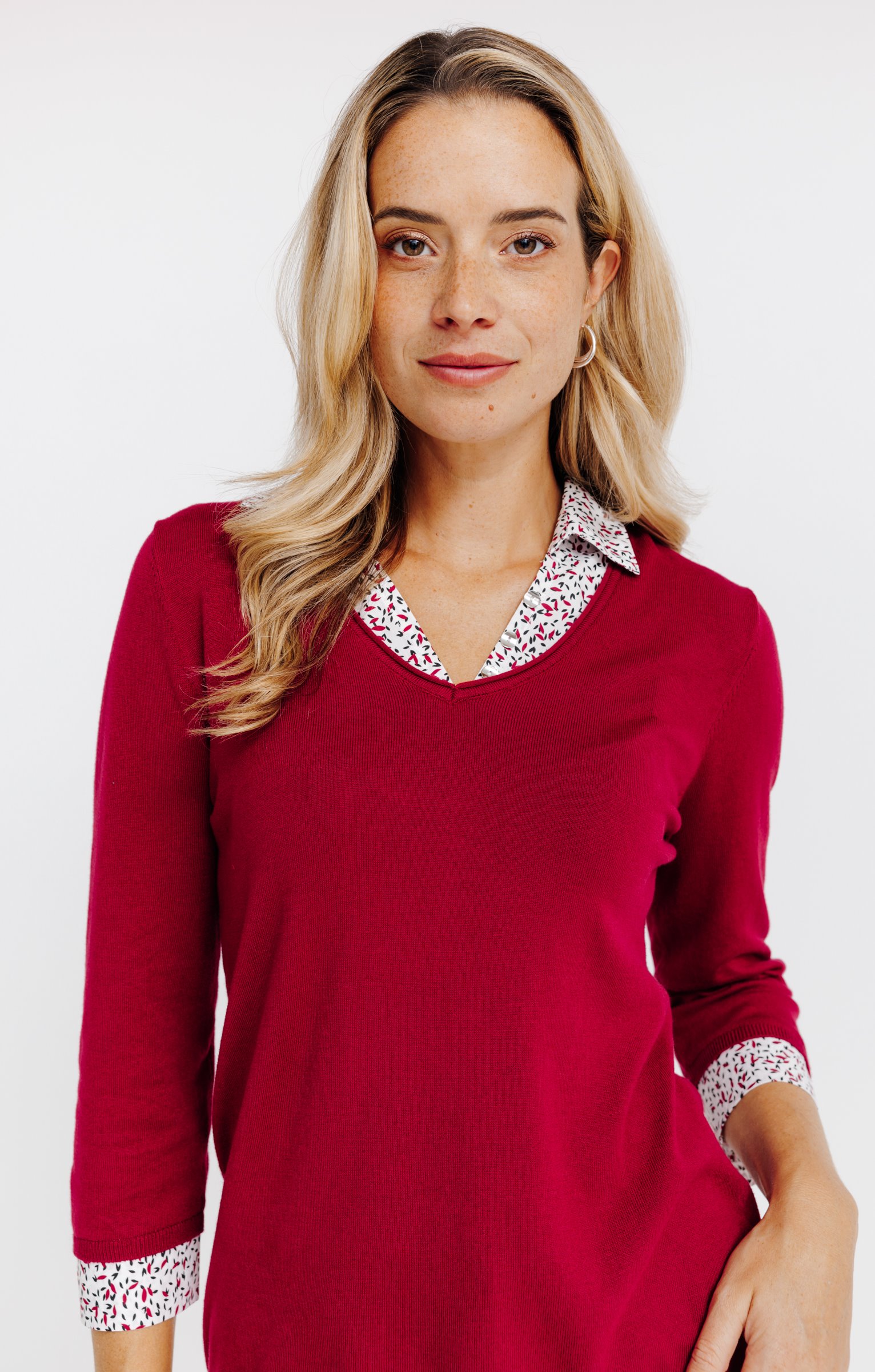 Pull 2-en-1 col chemise - BORDEAUX