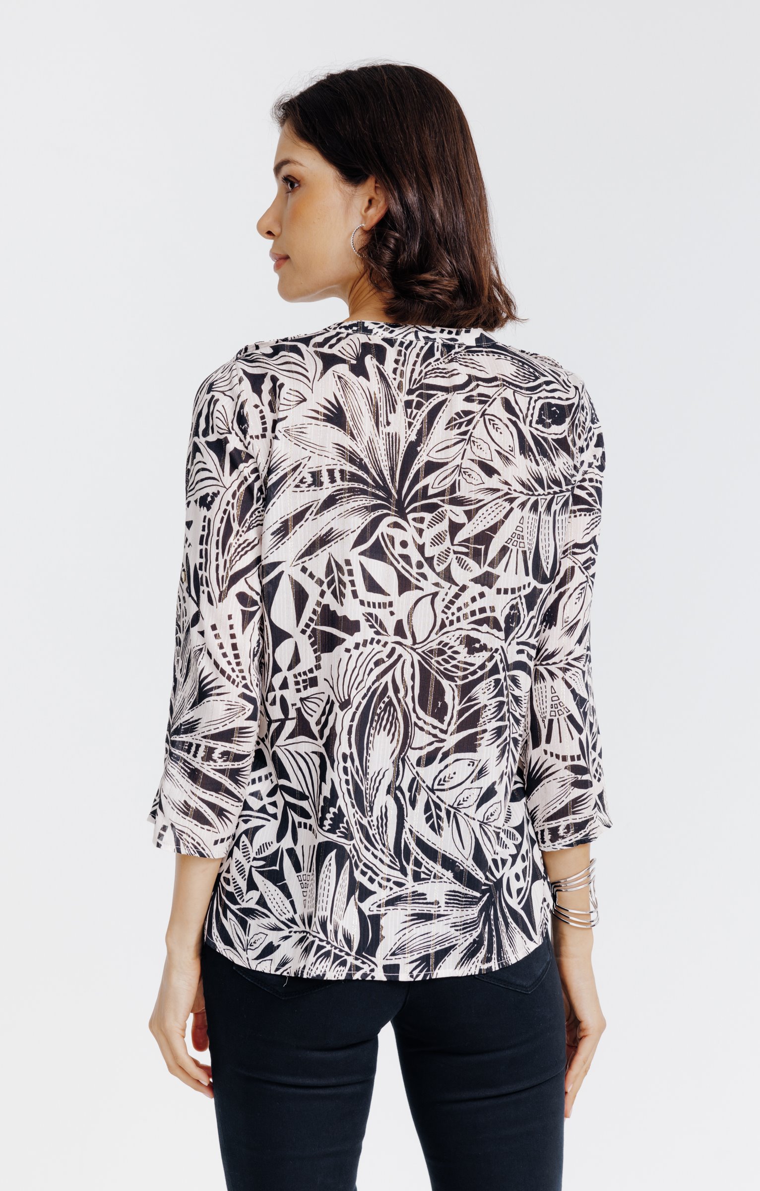 Chemise col mao  imprimée feuillage  - NOIR