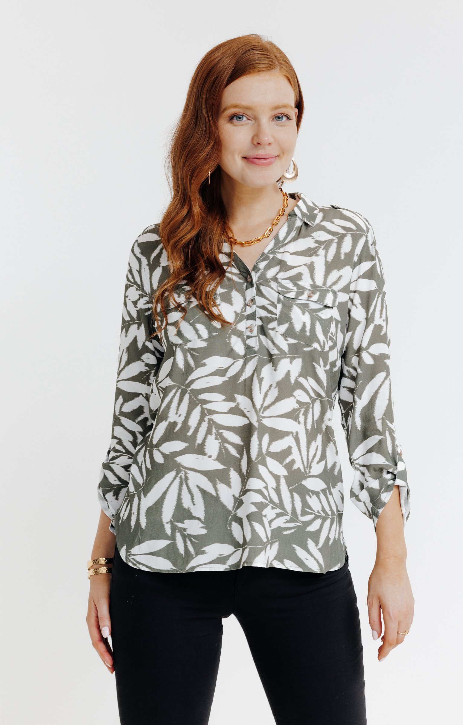 Tunique  col chemise imprimée feuillage  - KAKI CLAIR