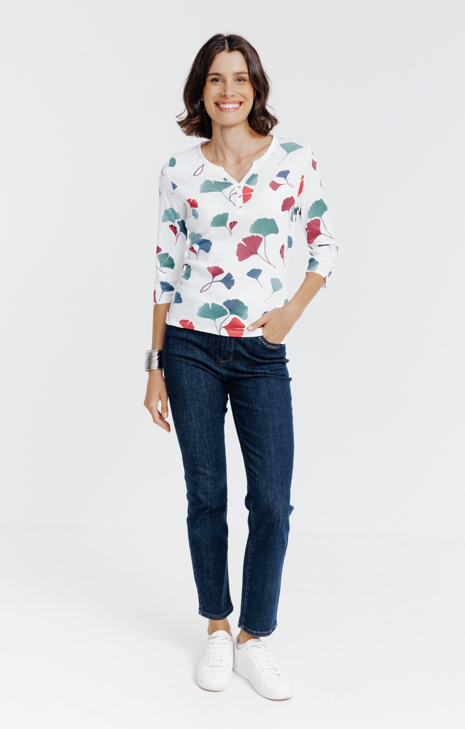 Tee-shirt imprimé floral col rond patte - ÉCRU