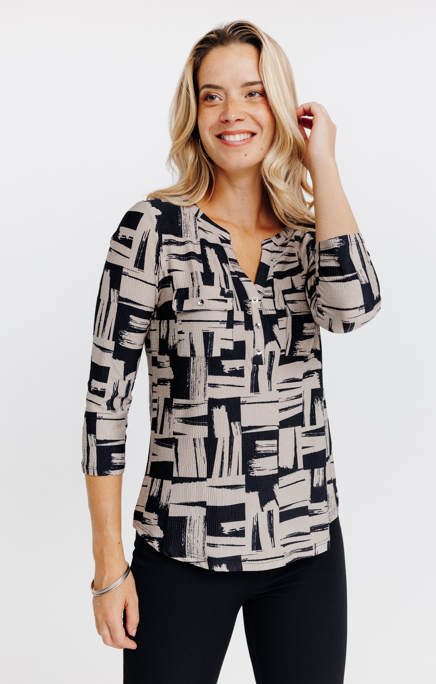 T-SHIRT COL MAO MANCHES 3/4 - NOIR