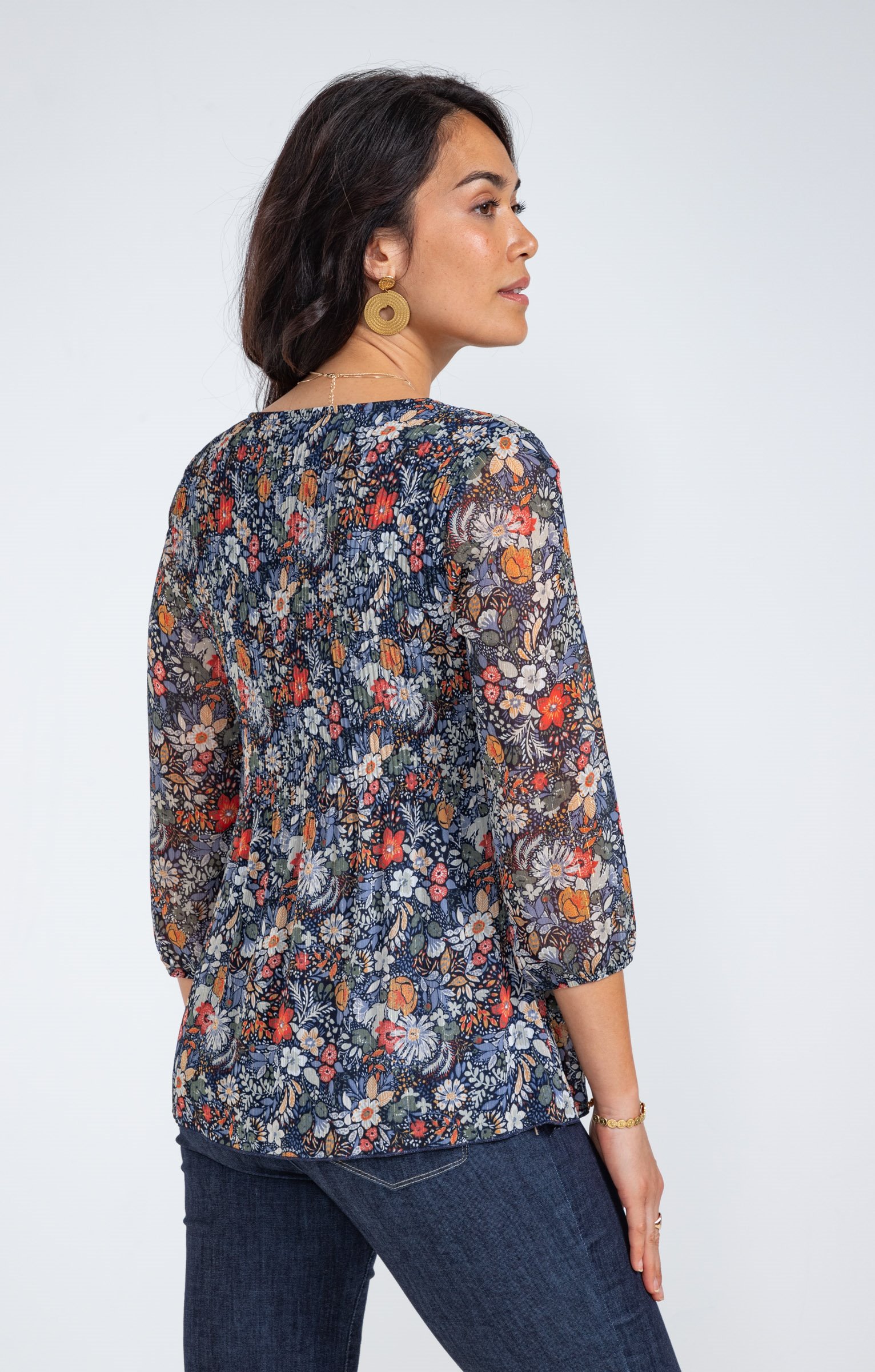 Tunique plissée fleurie  - BLEU