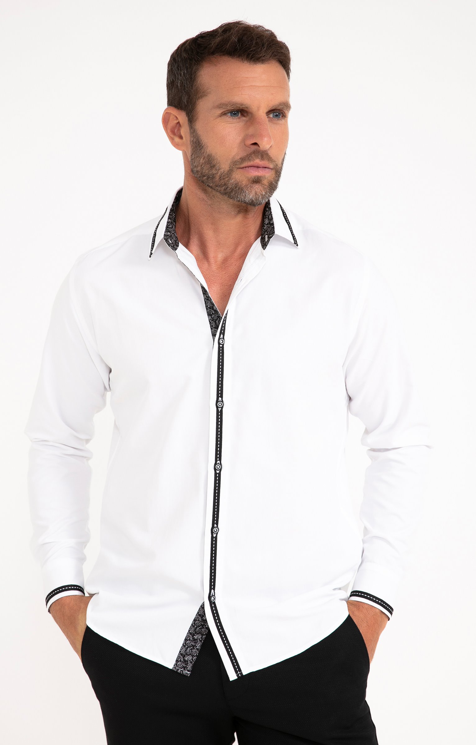 Chemise en satin uni manches longues - BLANC