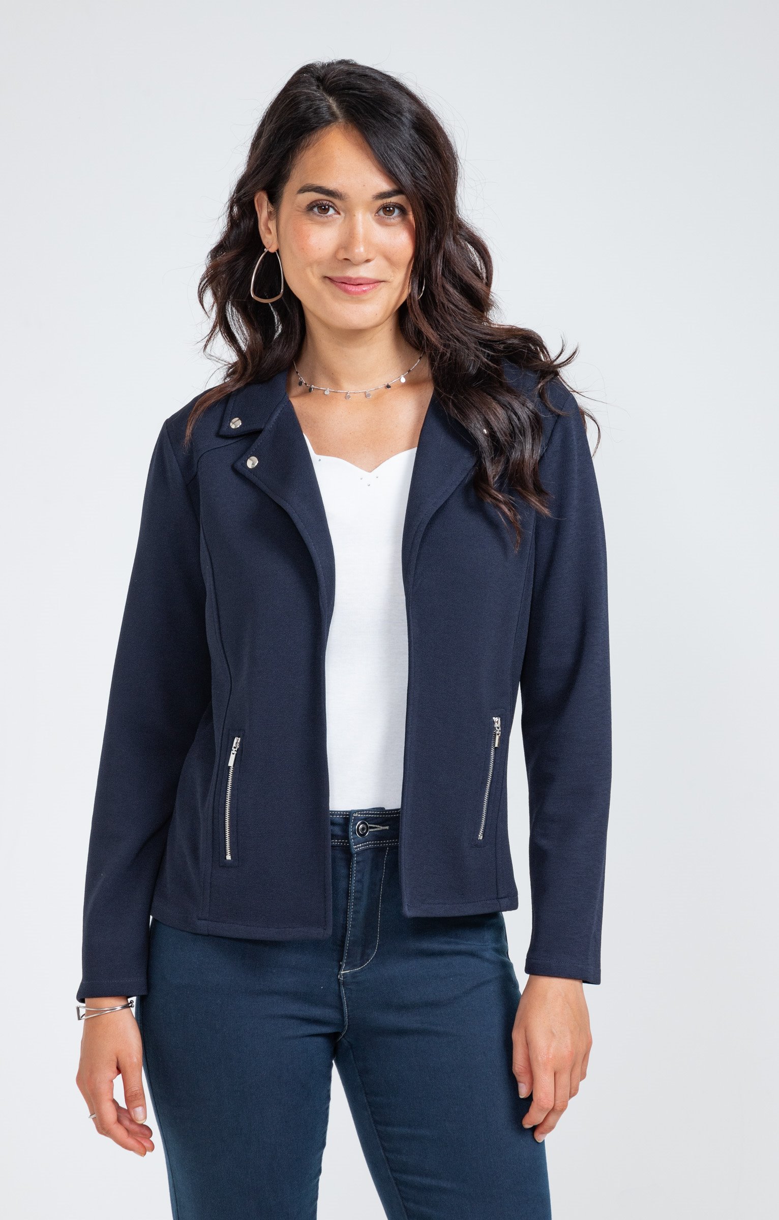 Veste col tailleur avec zips poches - MARINE