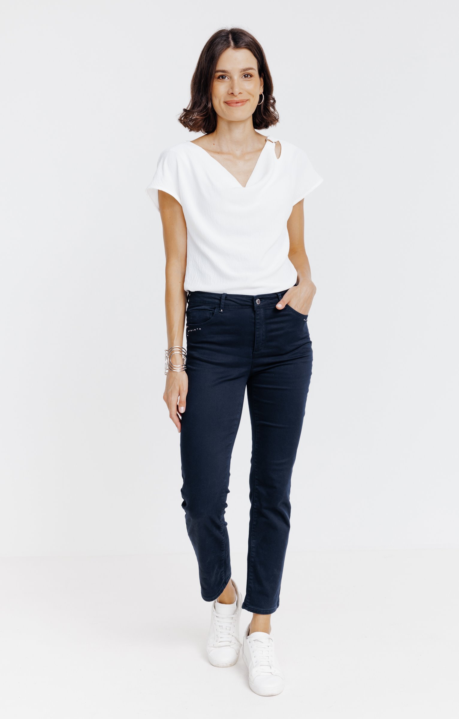 Pantalon 7/8 coton détail clous poches - MARINE
