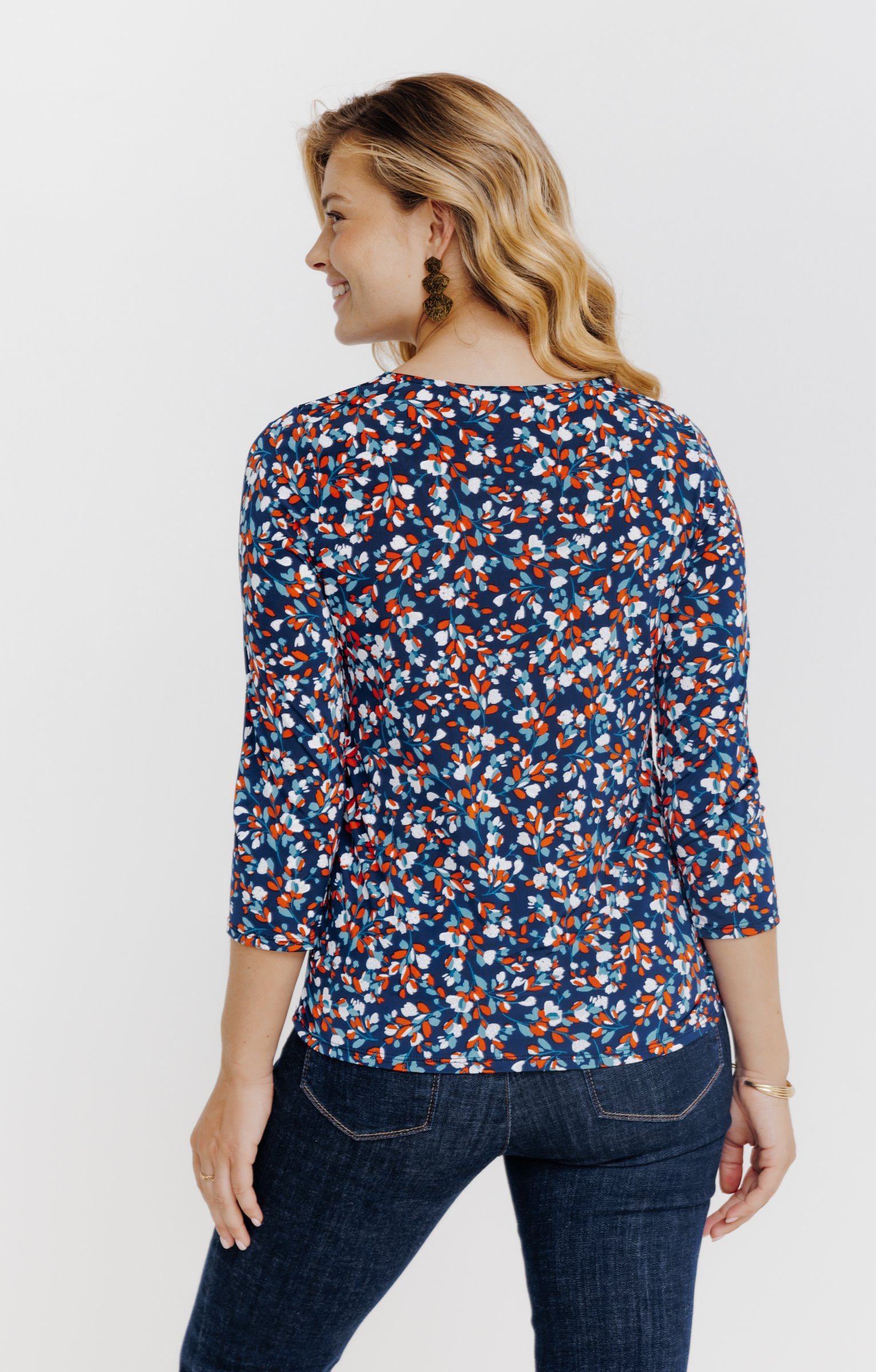 T-SHIRT COL V IMPRIME FLEURI  - BLEU