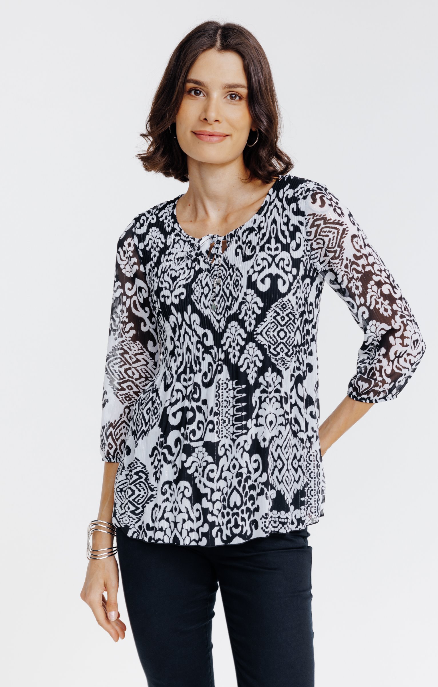 Tunique plissée imprimé ikat  - NOIR