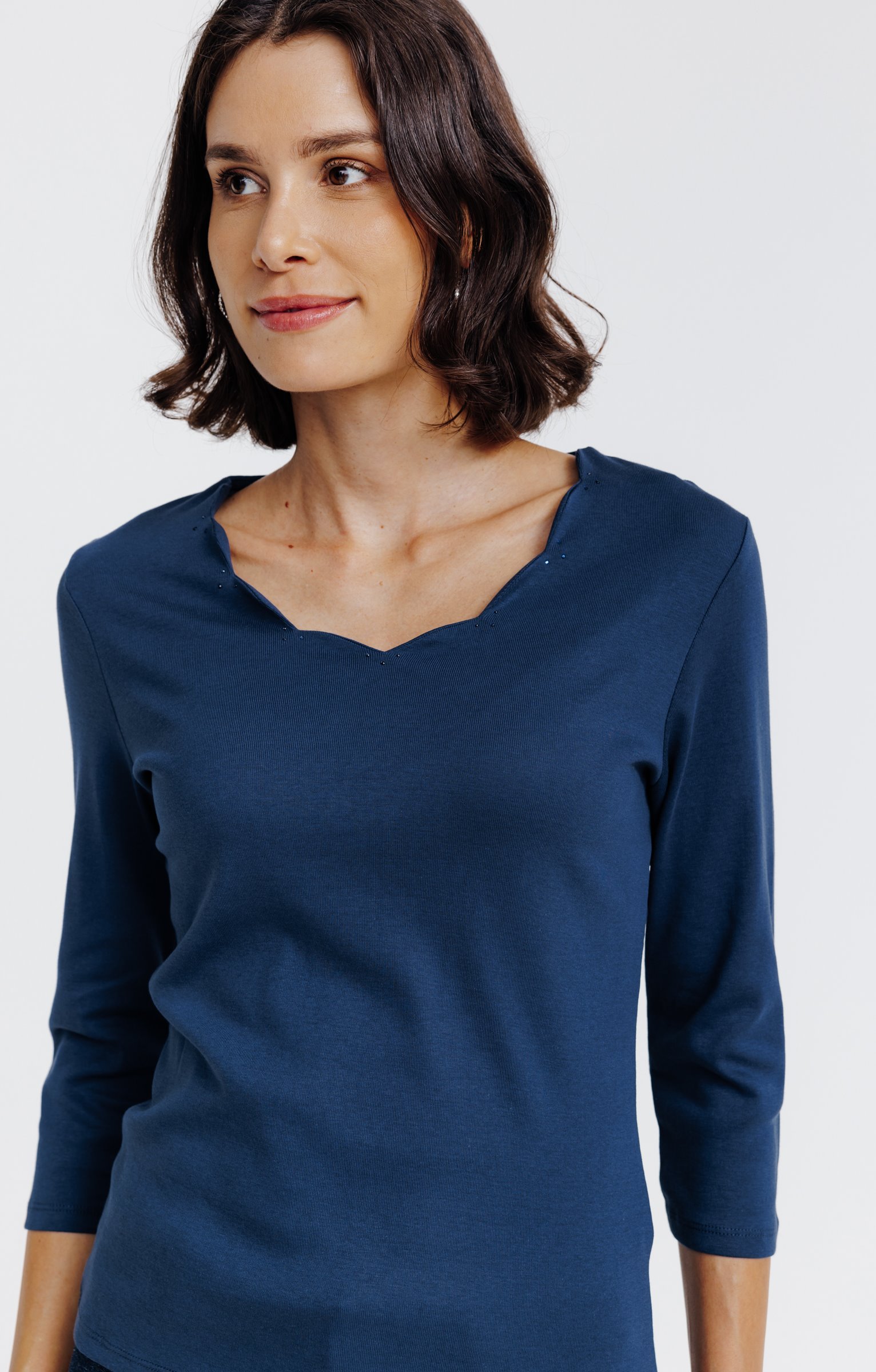 Tee-shirt uni col V festons - BLEU