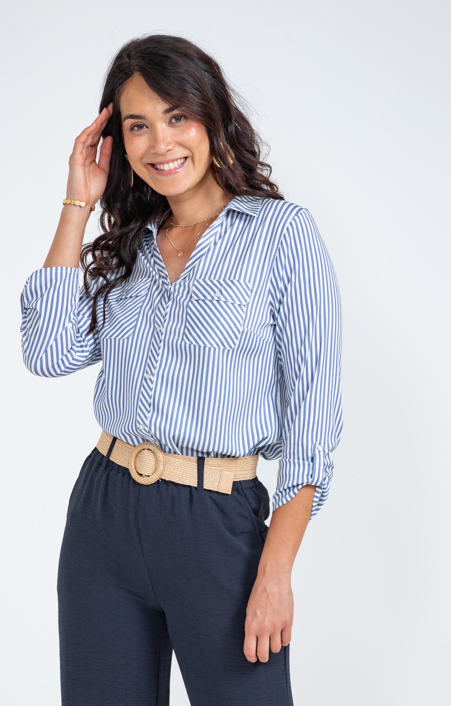 Chemise rayée avec boutons nacrés - BLEU CIEL