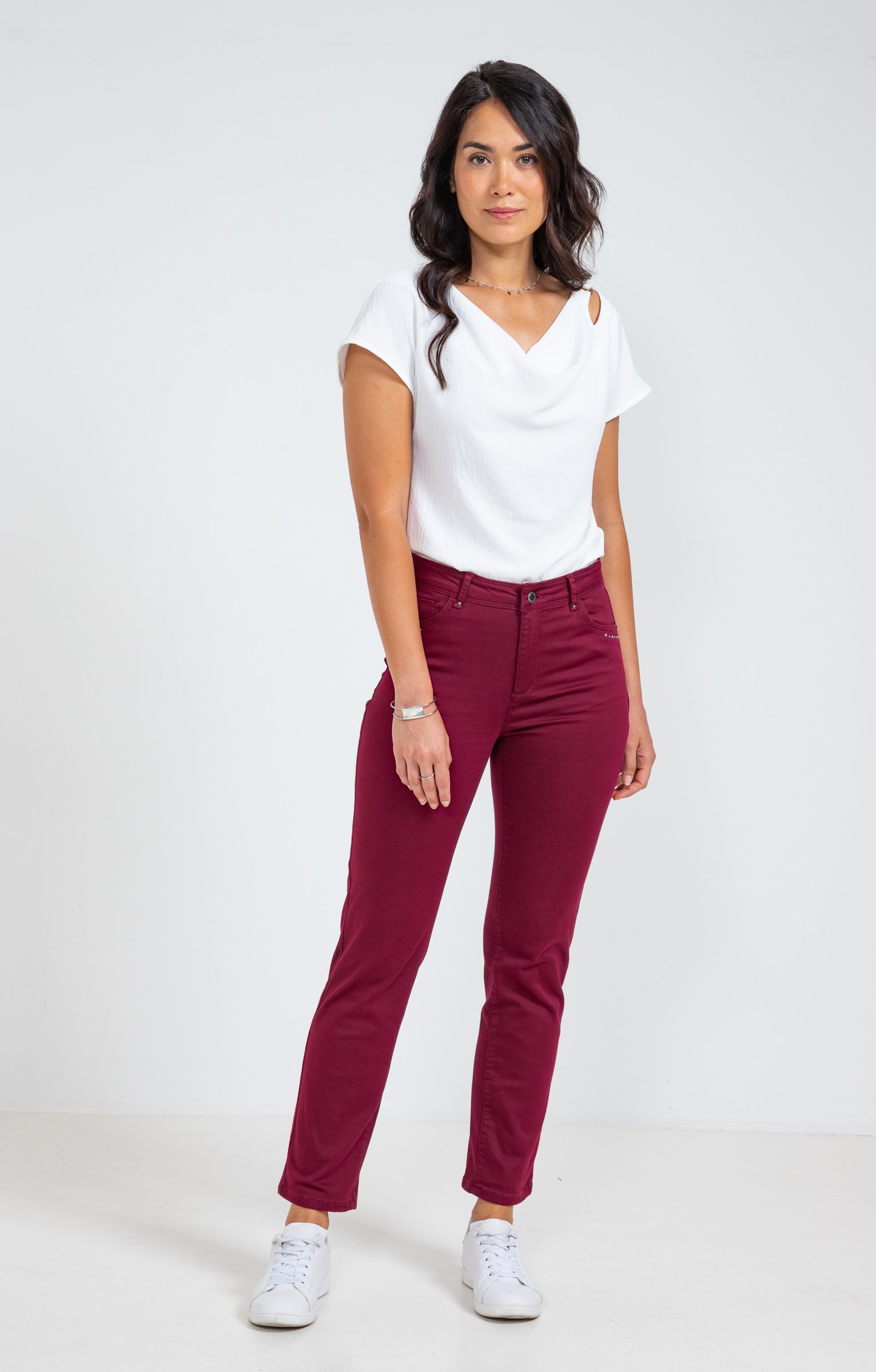 Pantalon 7/8 coton détail clous poches - LIE DE VIN
