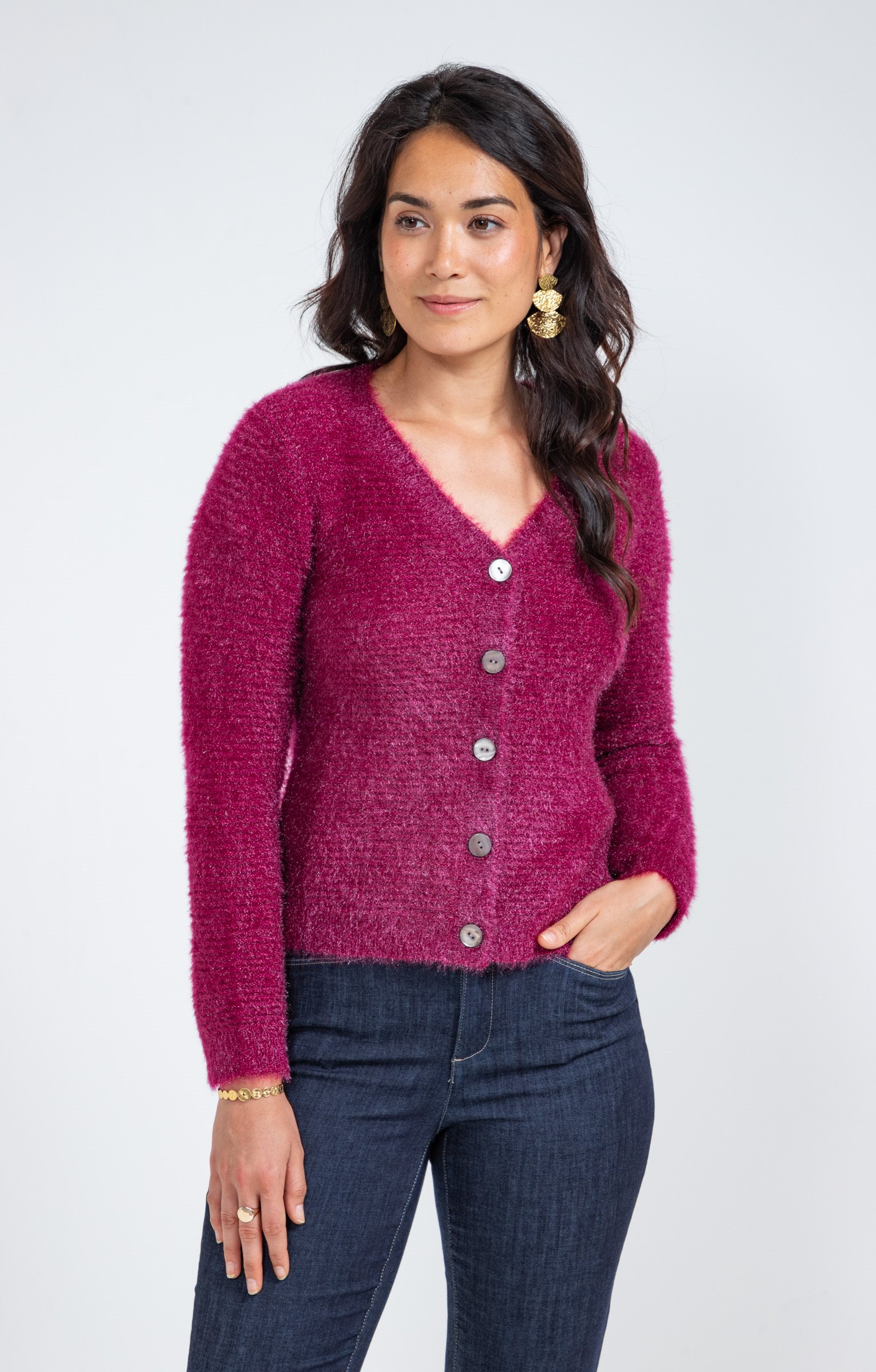 Cardigan maille fluffy - LIE DE VIN