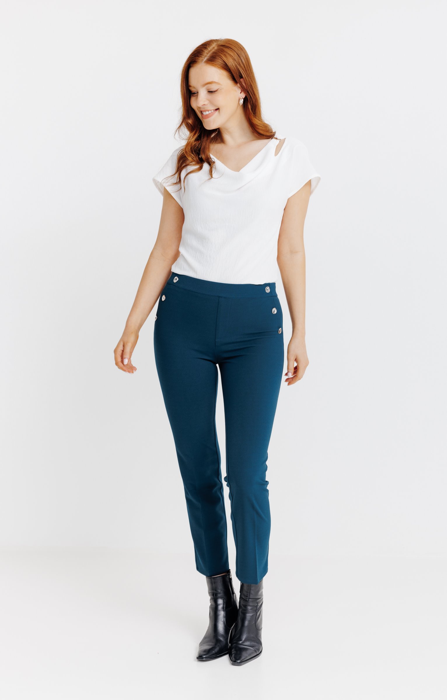 PANTALON EN MAILLE DETAILS BOUTONS CHIPS - PÉTROLE