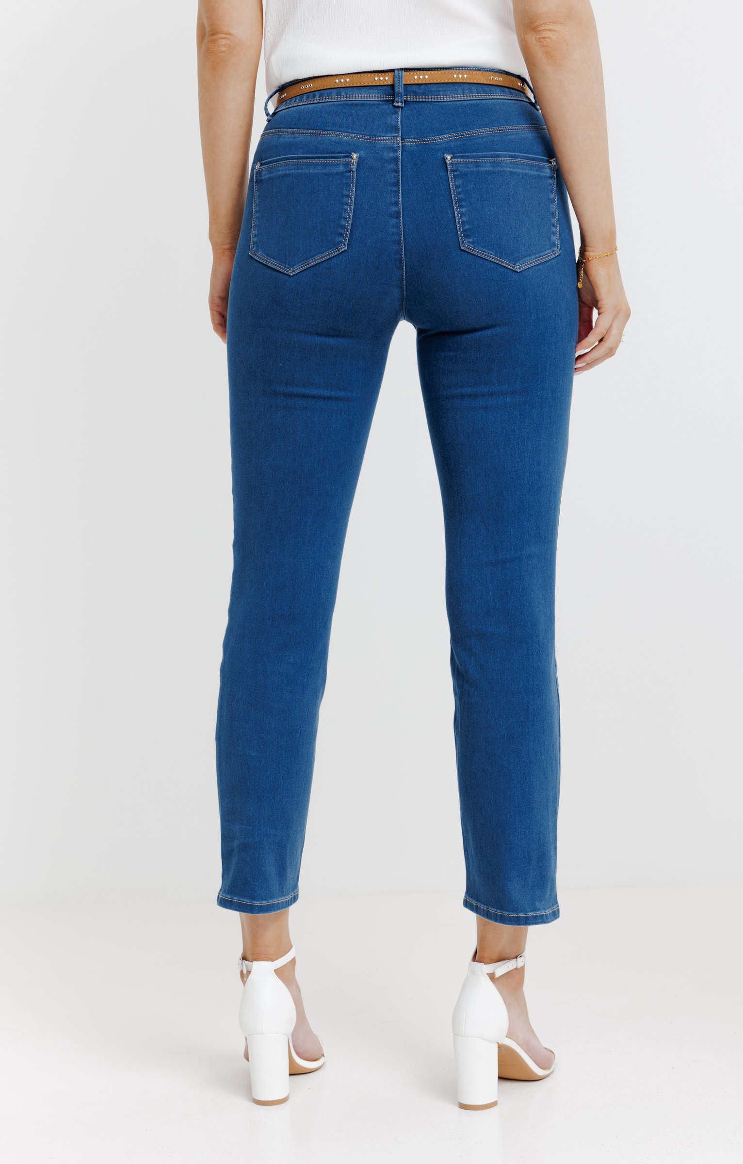 Pantalon 7/8 satin denim stone ceinture - BLEU