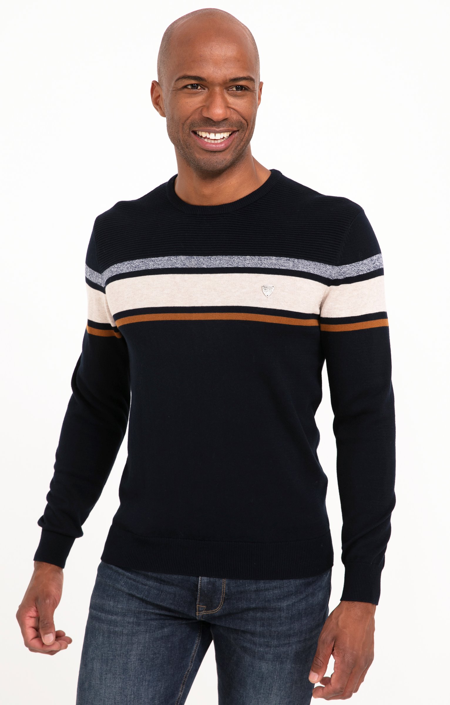 Pull col rond rayure placée - MARINE