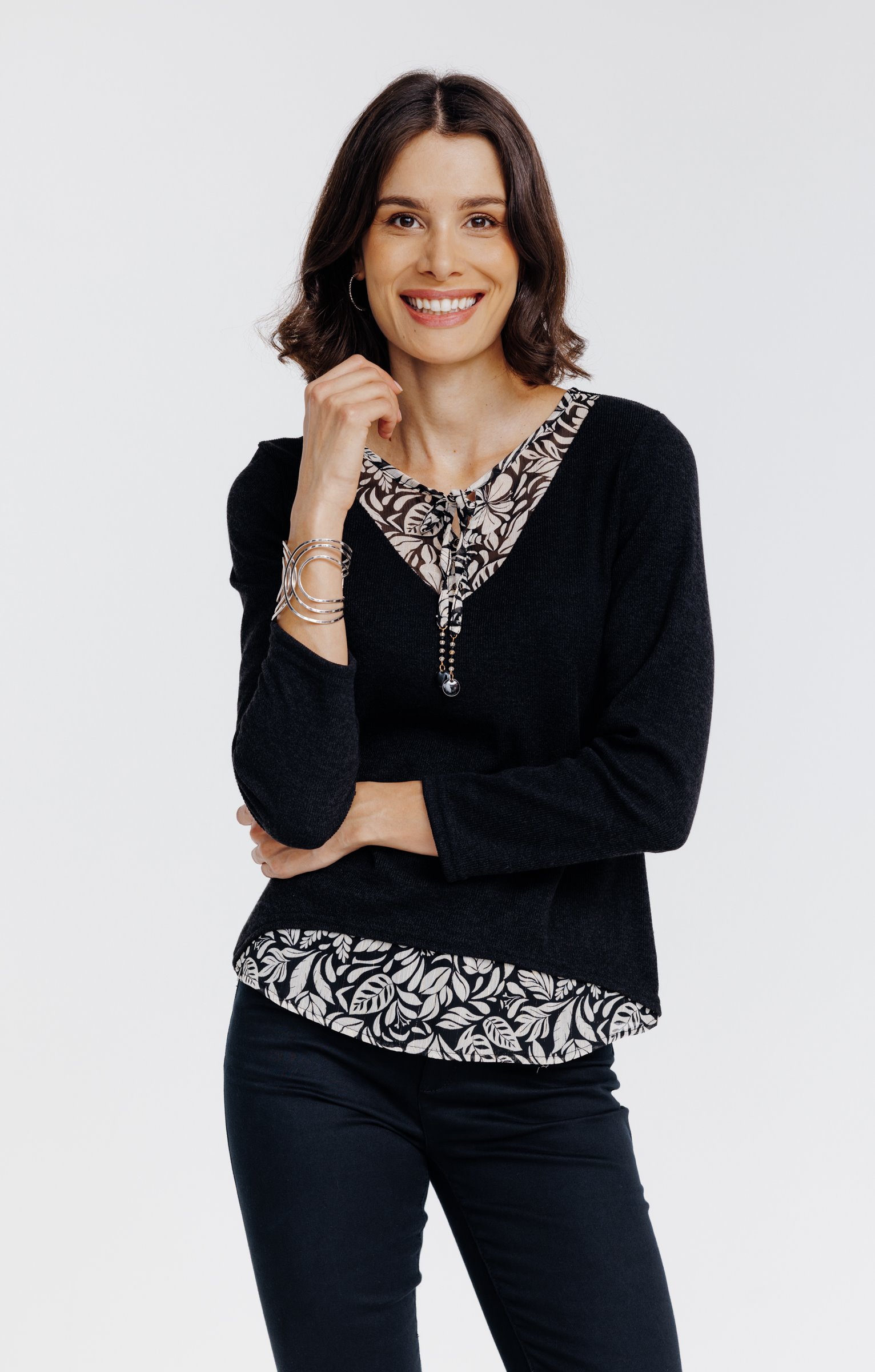 Pull 2-en-1 pampilles et perles - NOIR