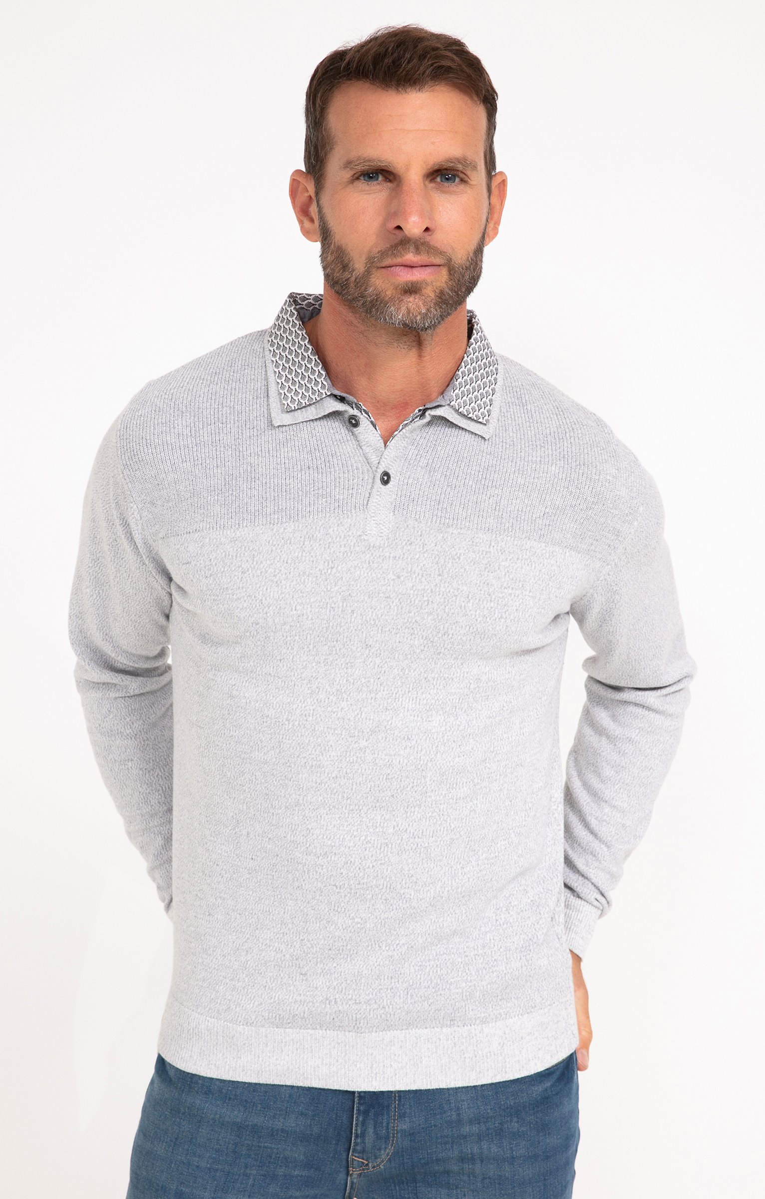 Pull uni col polo - GRIS CLAIR