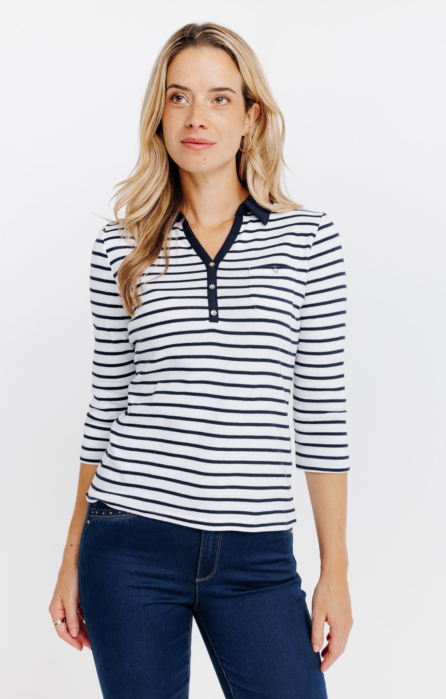Tee-shirt rayures col chemise - MARINE