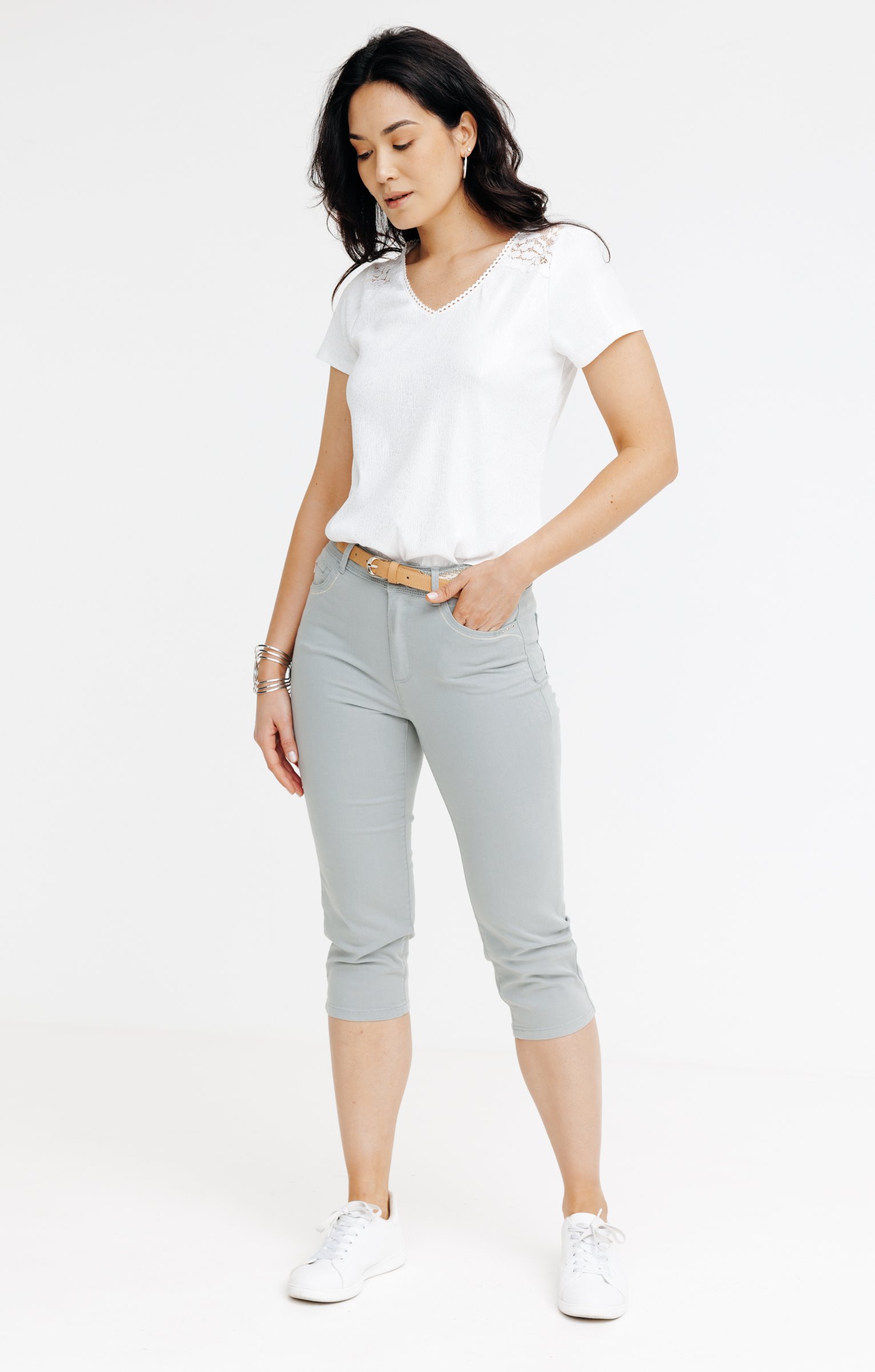 Pantacourt coton et viscose ceinture - VERT NIL