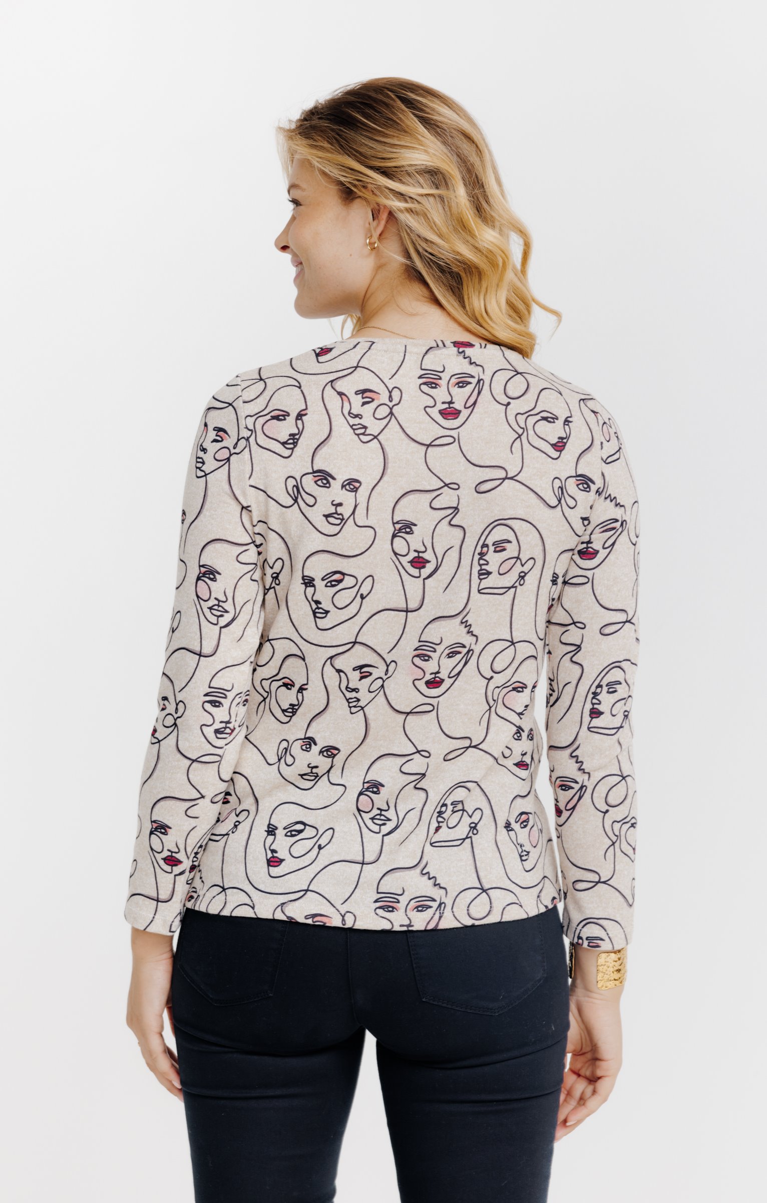 T-SHIRT IMPRIME VISAGE MANCHES LONGUES - BEIGE