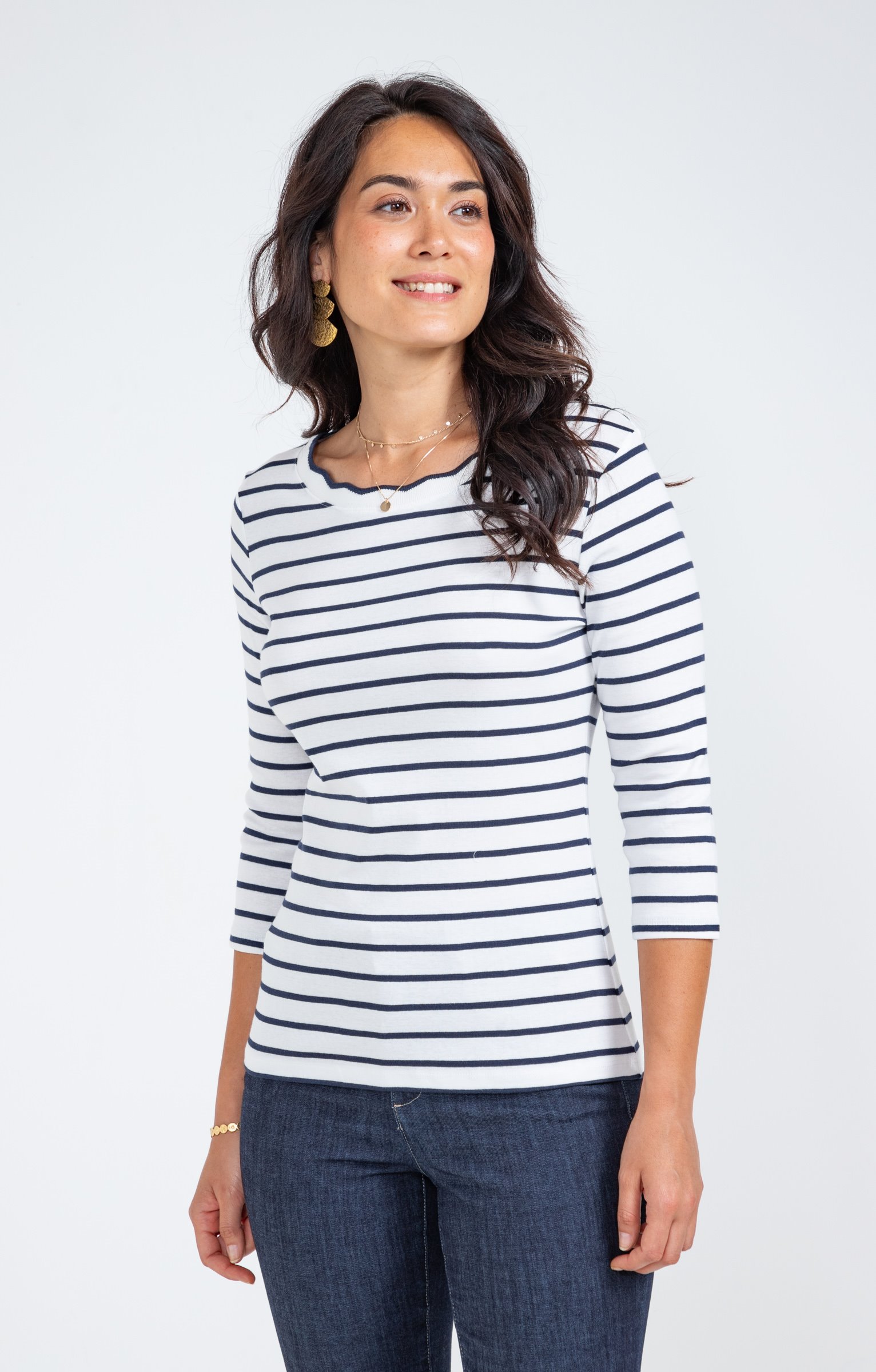 Tee-shirt rayures col bateau festonné - MARINE