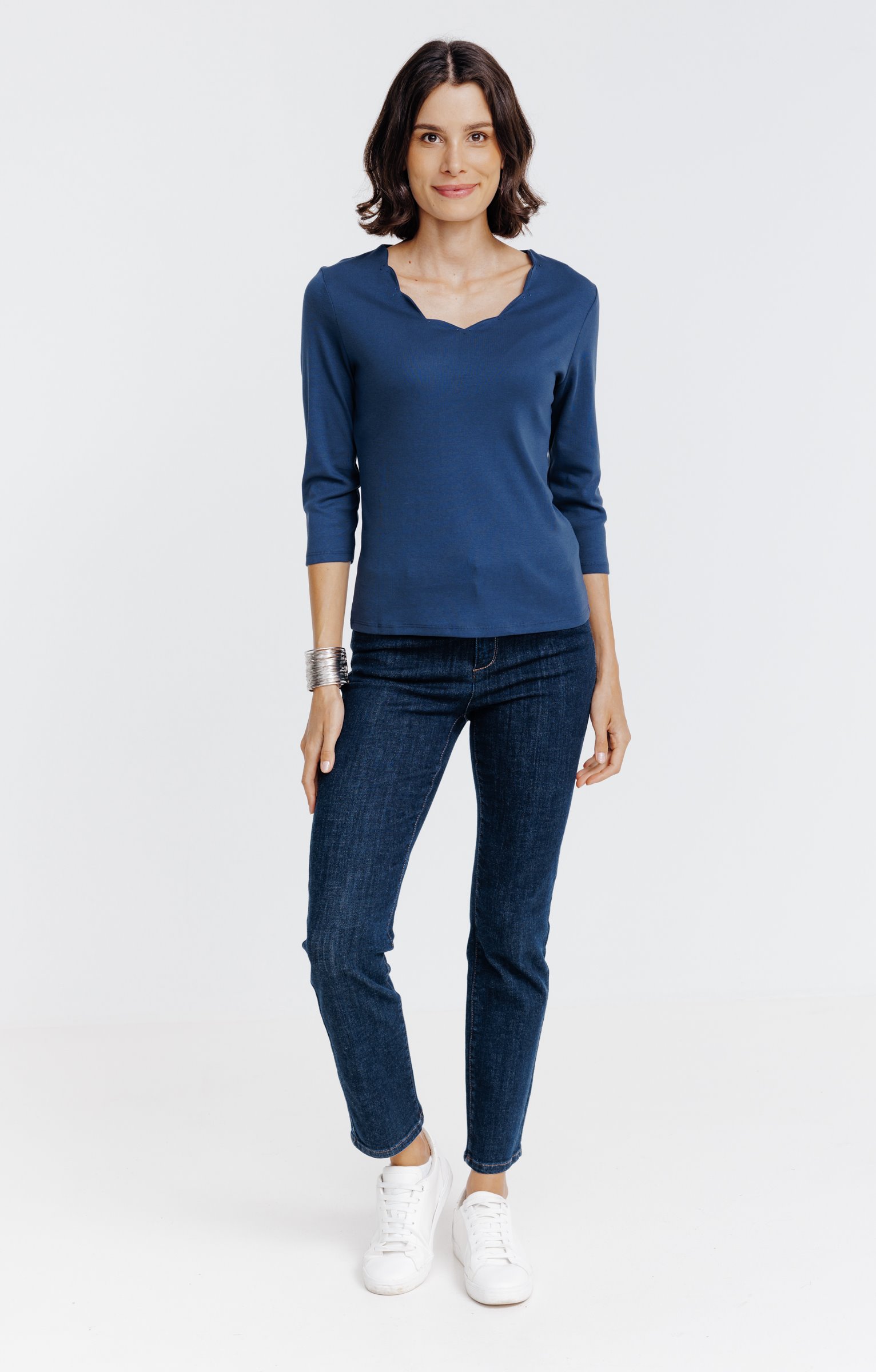 Tee-shirt uni col V festons - BLEU