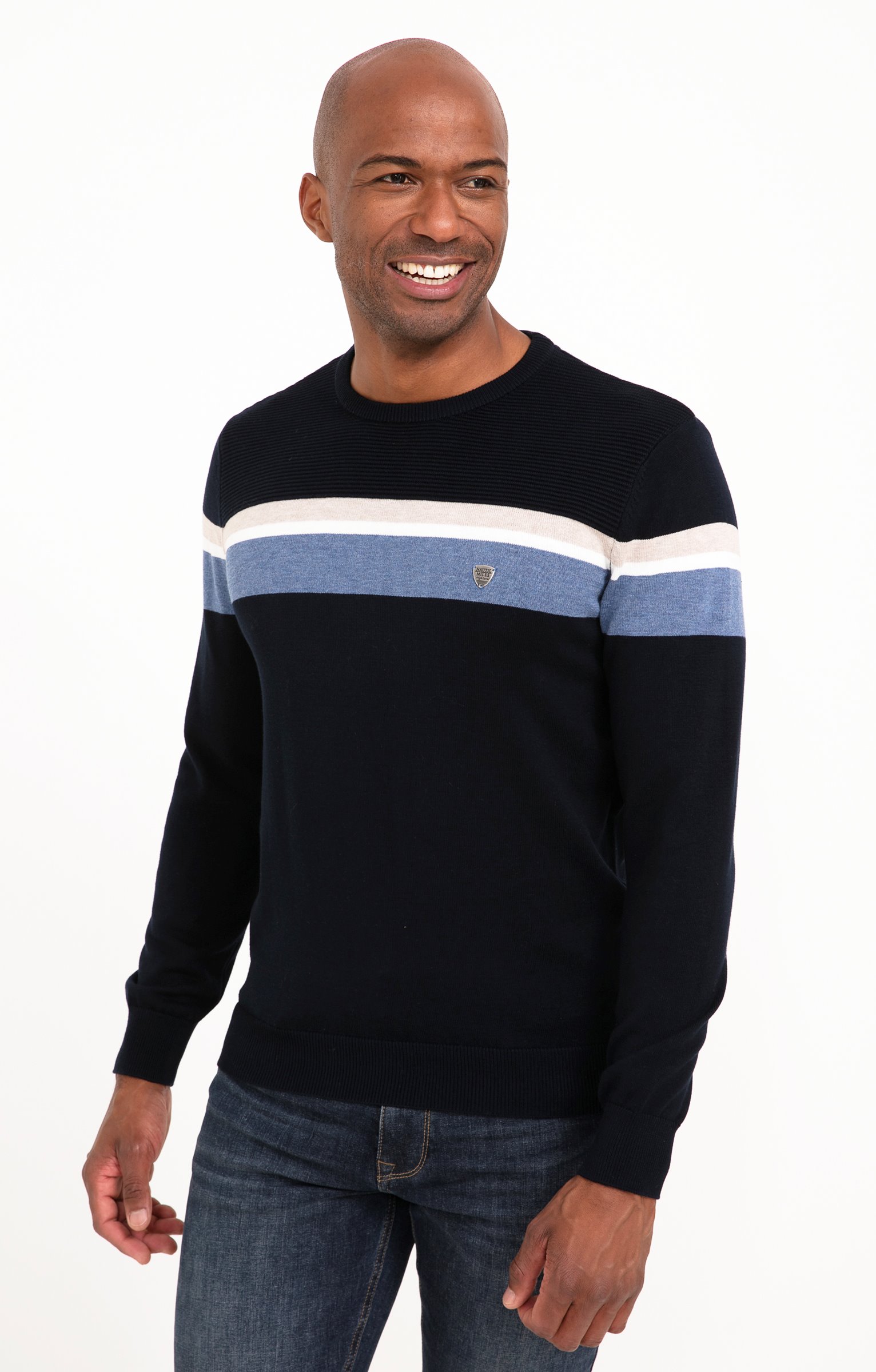 Pull col rond rayure placée - MARINE