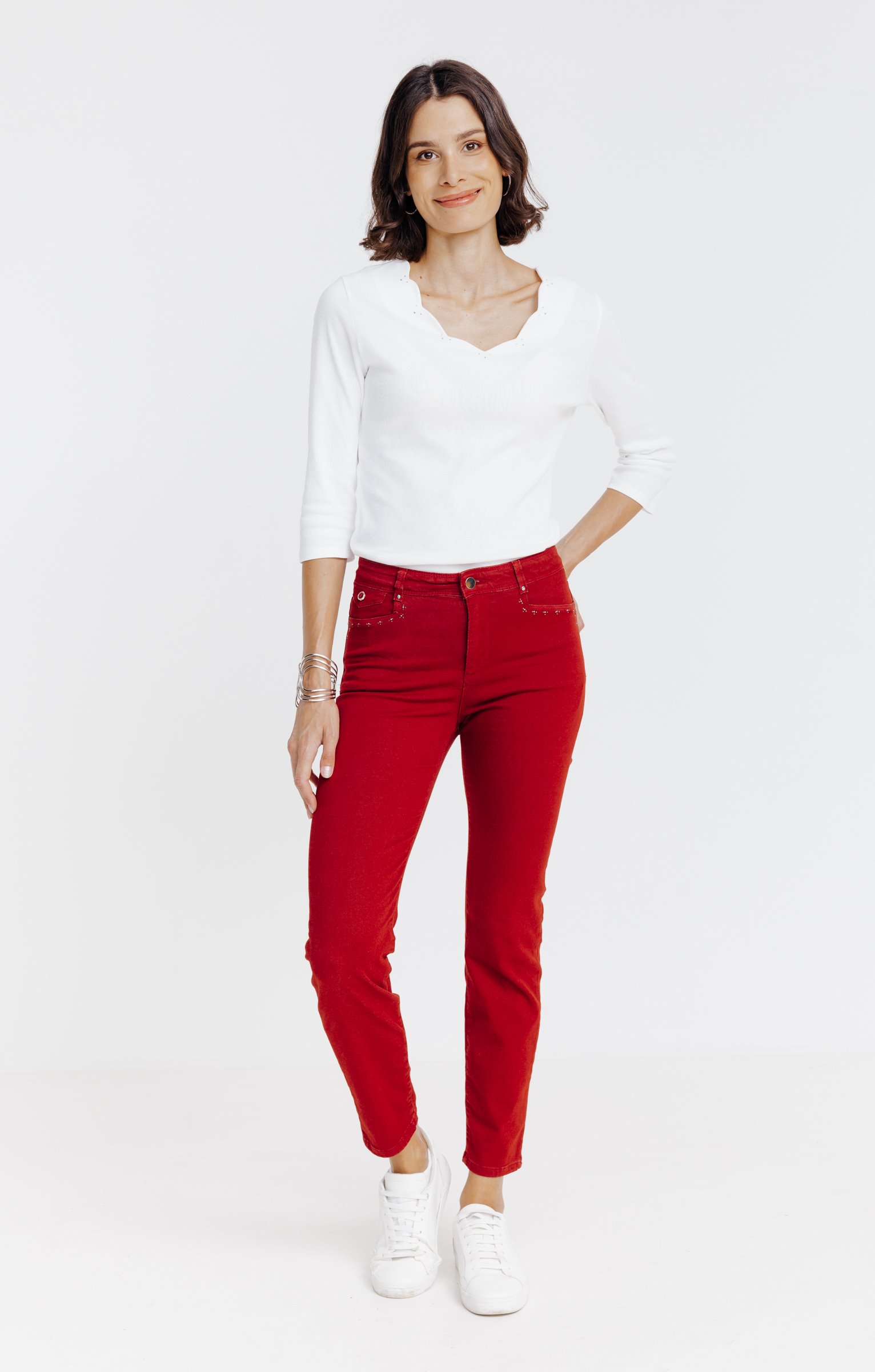Pantalon 7/8 brodé en coton viscose - BRIQUE