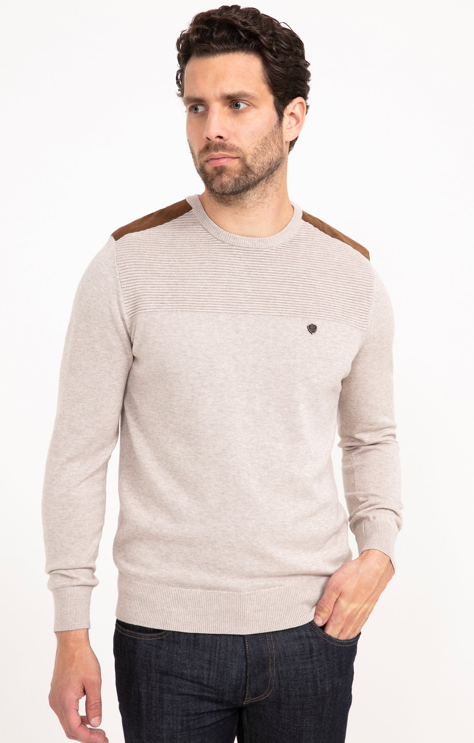 Pull uni empiècement suèdine - BEIGE