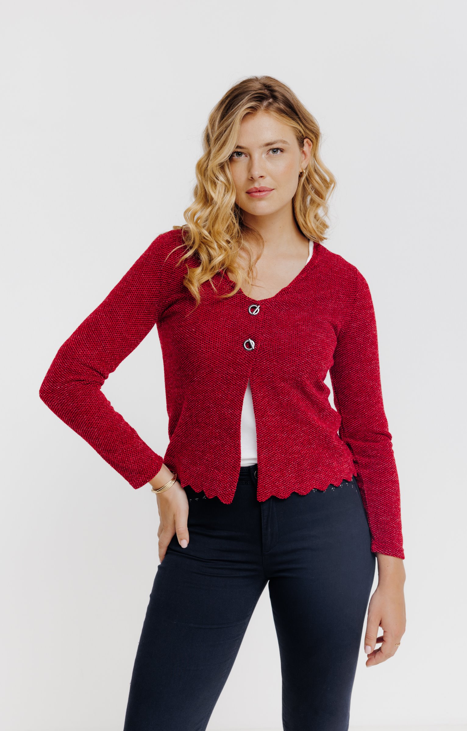 Cardigan festonné - ROUGE