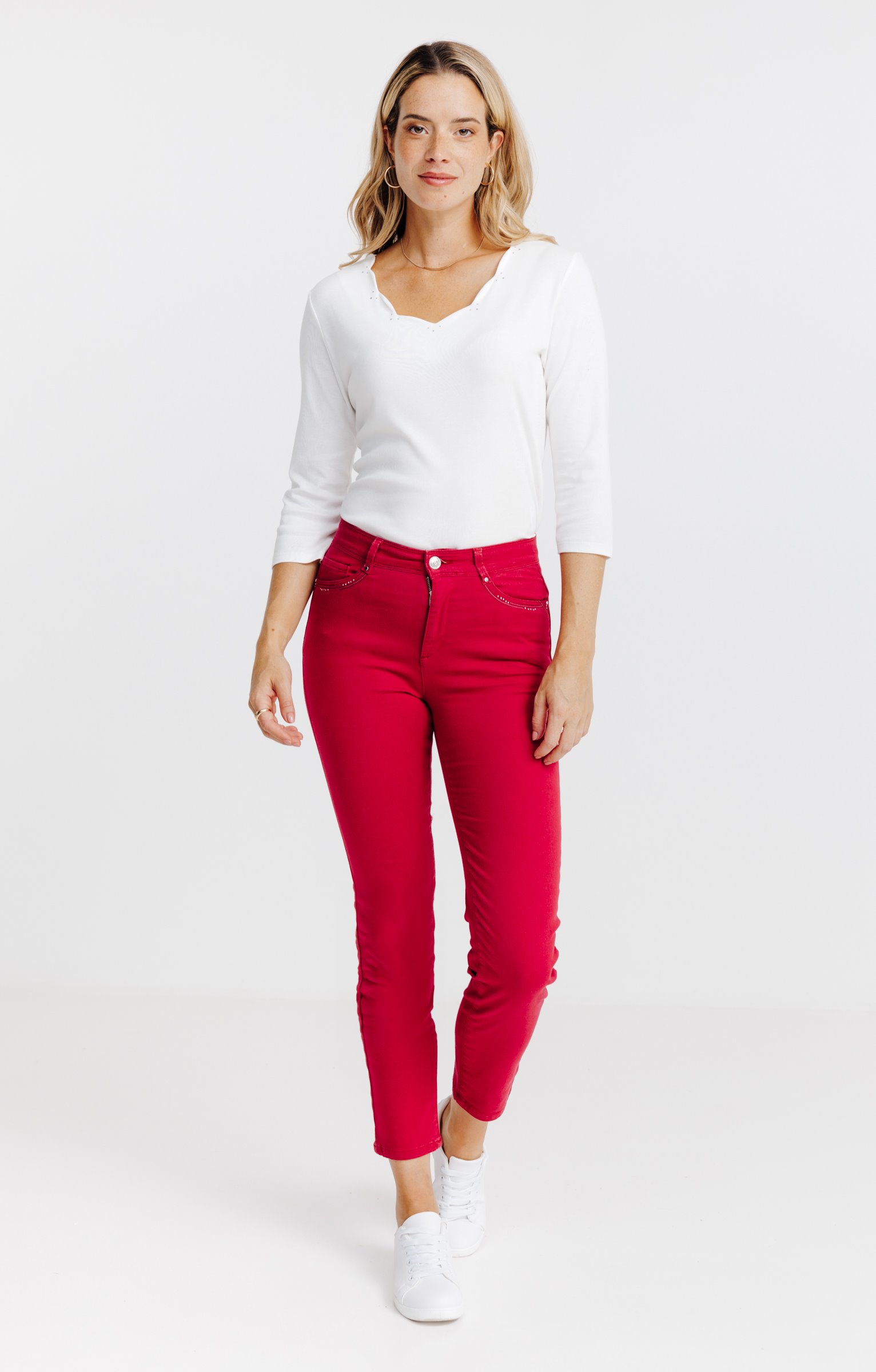 Pantalon 7/8 brodé en coton viscose - BORDEAUX