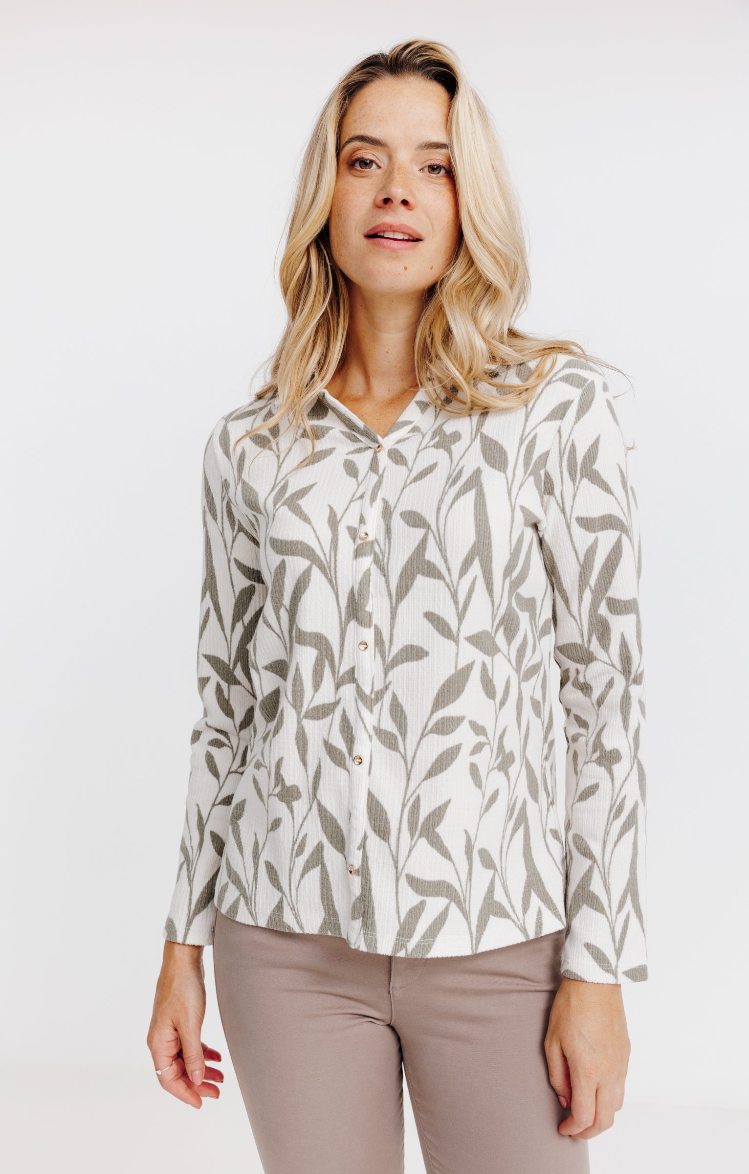 T-SHIRT IMPRIME COL CHEMISE - BEIGE