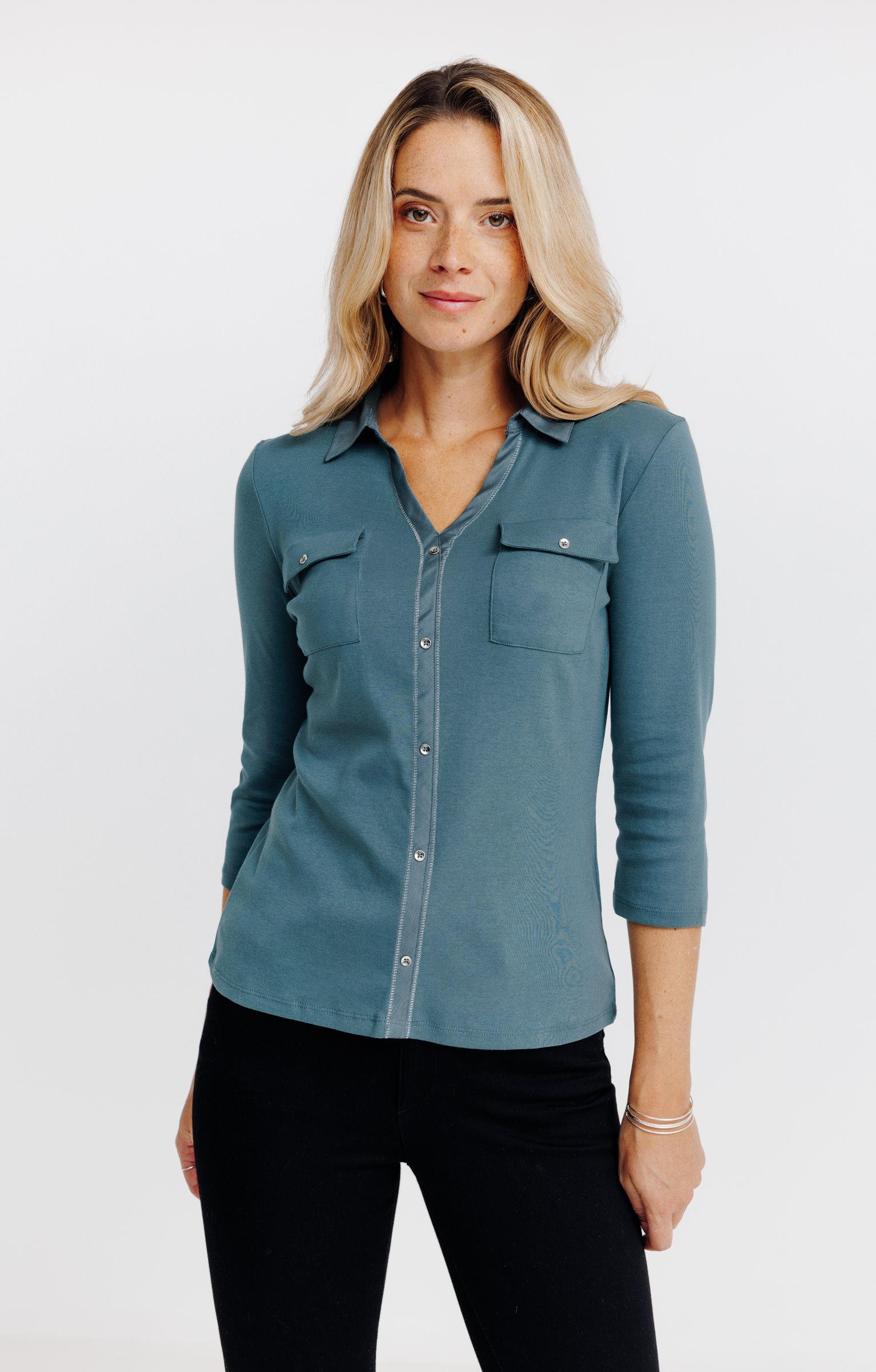 Tee-shirt uni col chemise - TILLEUL