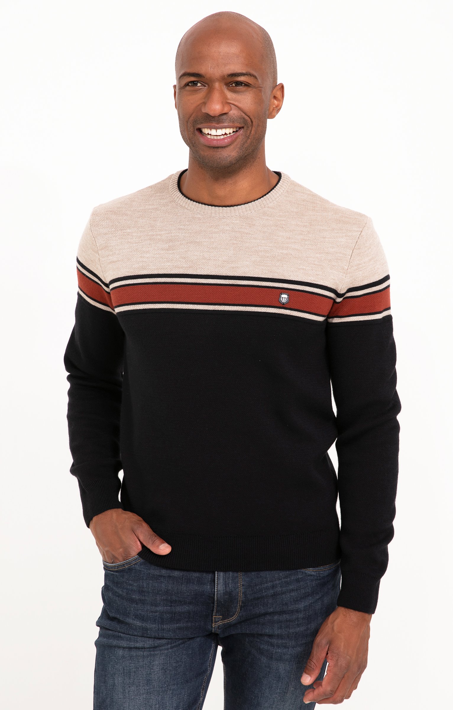 Pull col rond rayé - BRIQUE