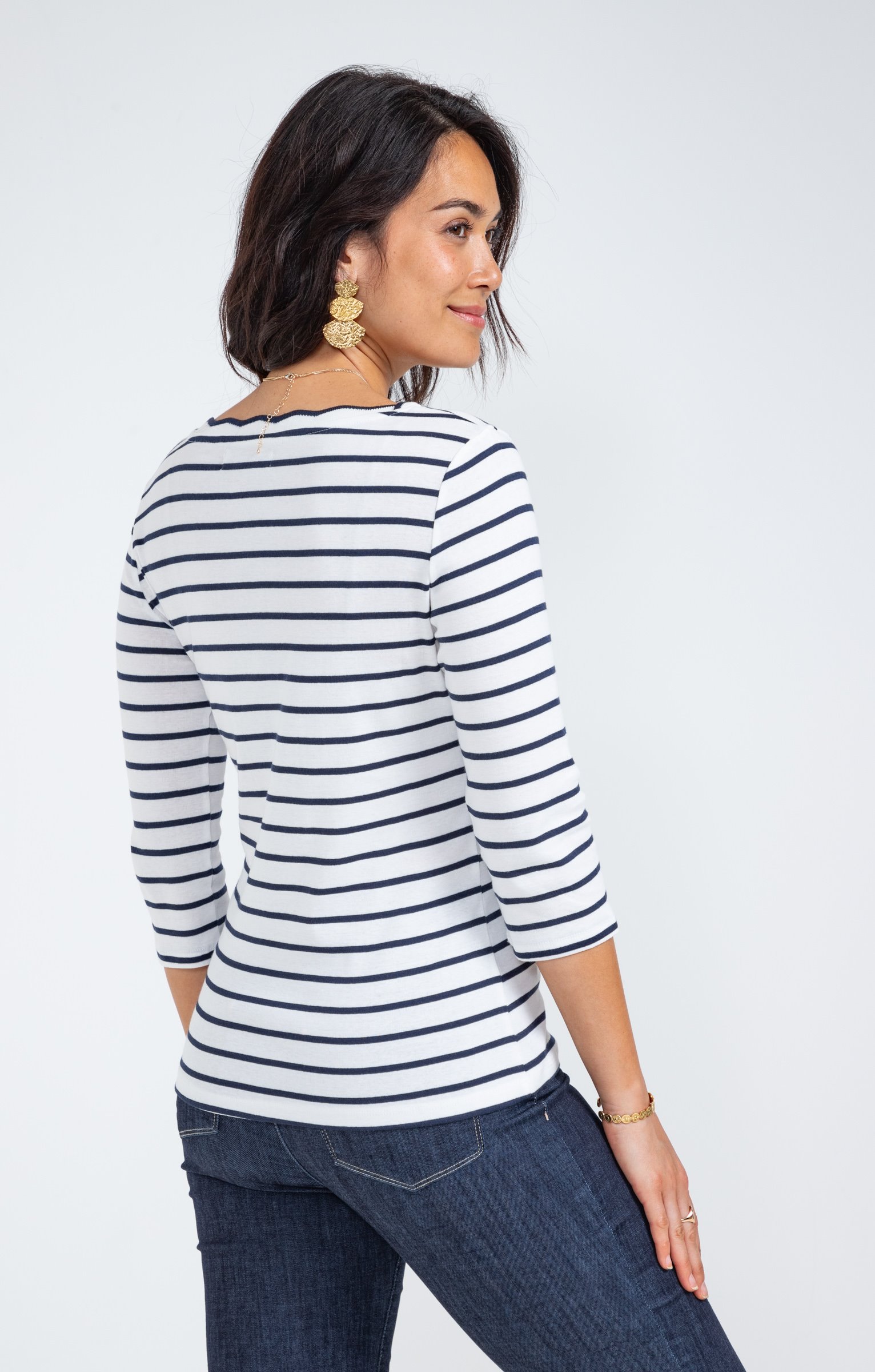 Tee-shirt rayures col bateau festonné - MARINE