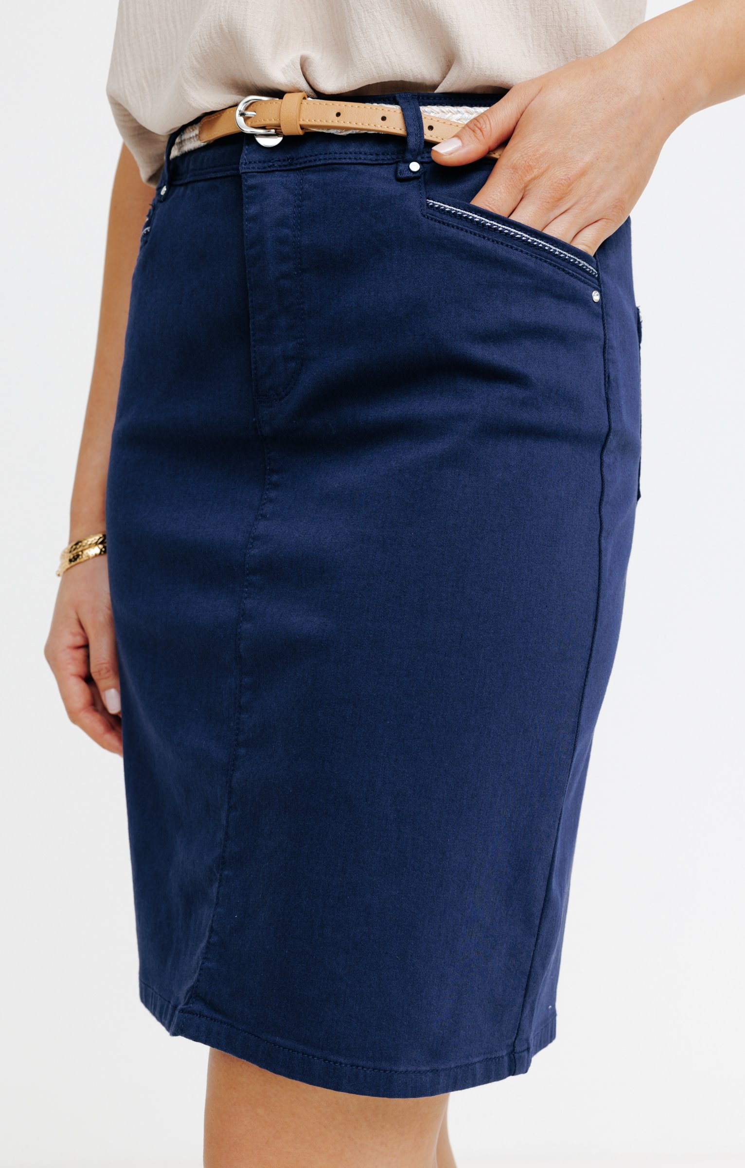 Jupe courte poches cavalières brodées - MARINE