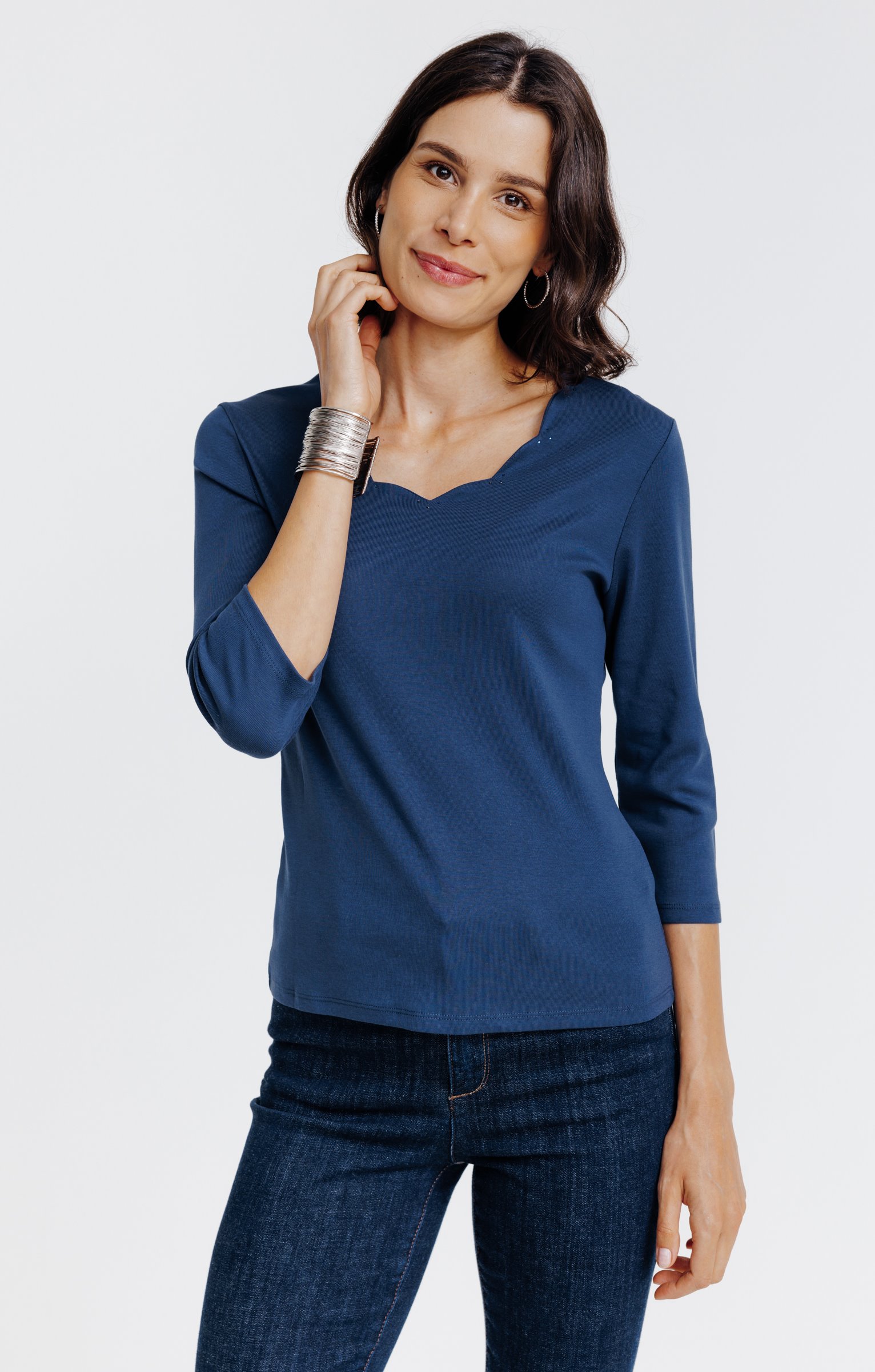 Tee-shirt uni col V festons - BLEU