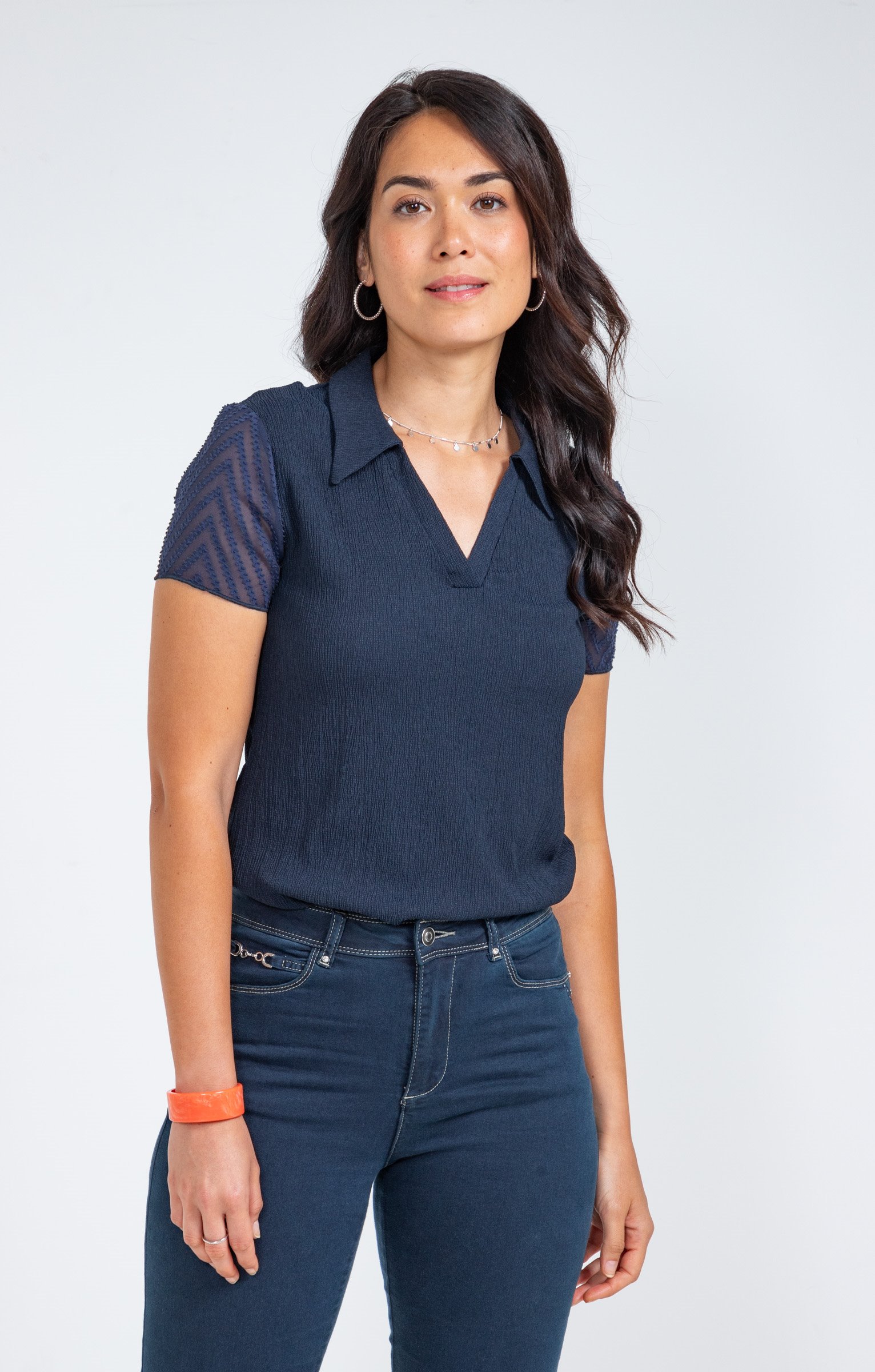 Tee-shirt polo mix matière - MARINE