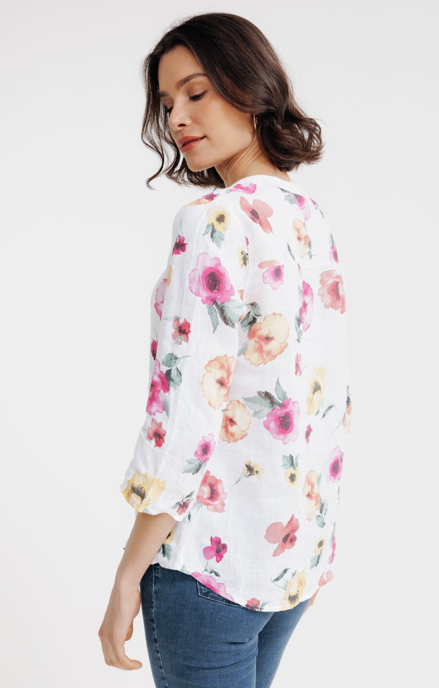 Chemise col mao imprimée en lin  - BLANC