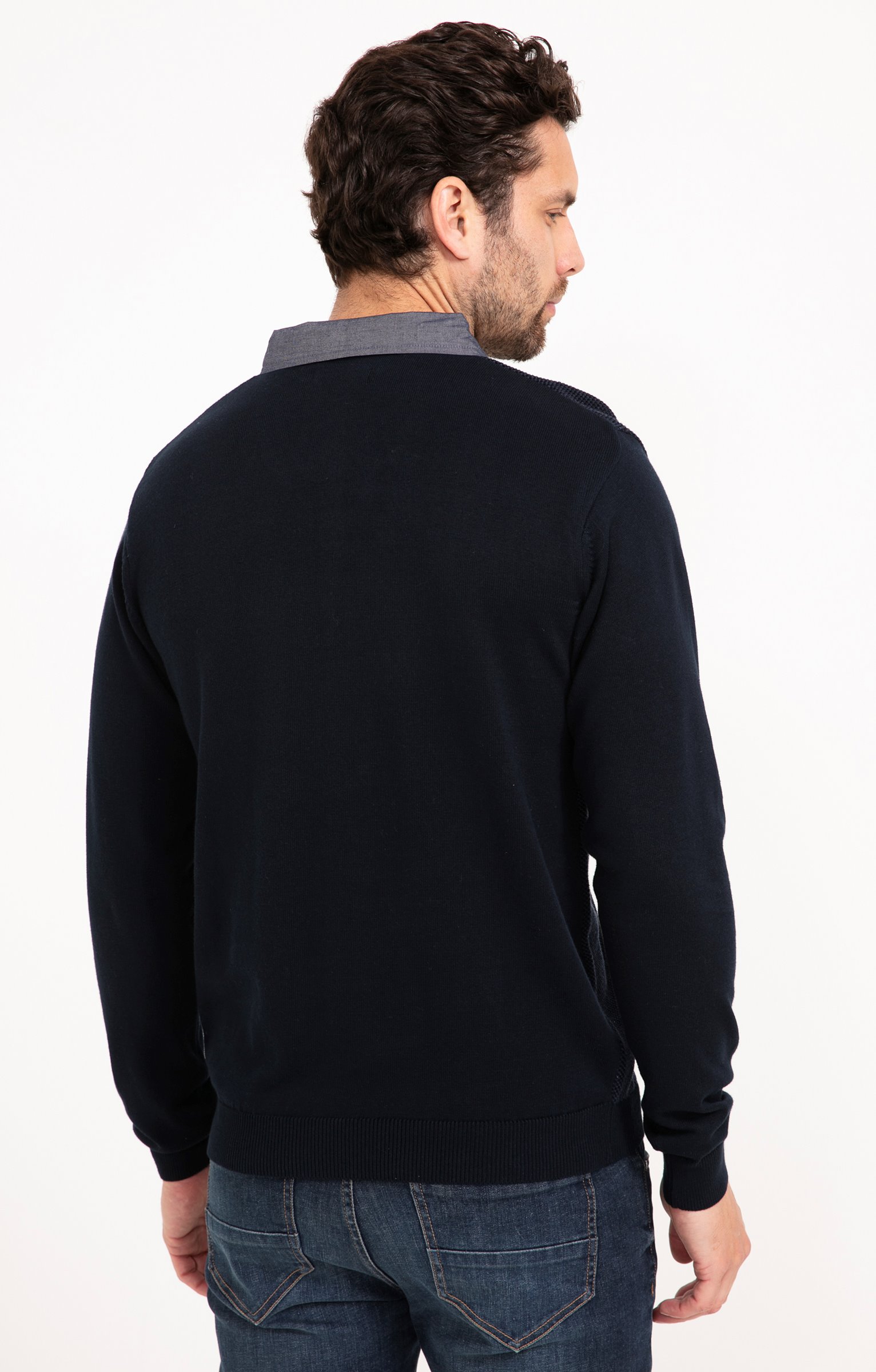 Pull uni col V avec chemise - MARINE