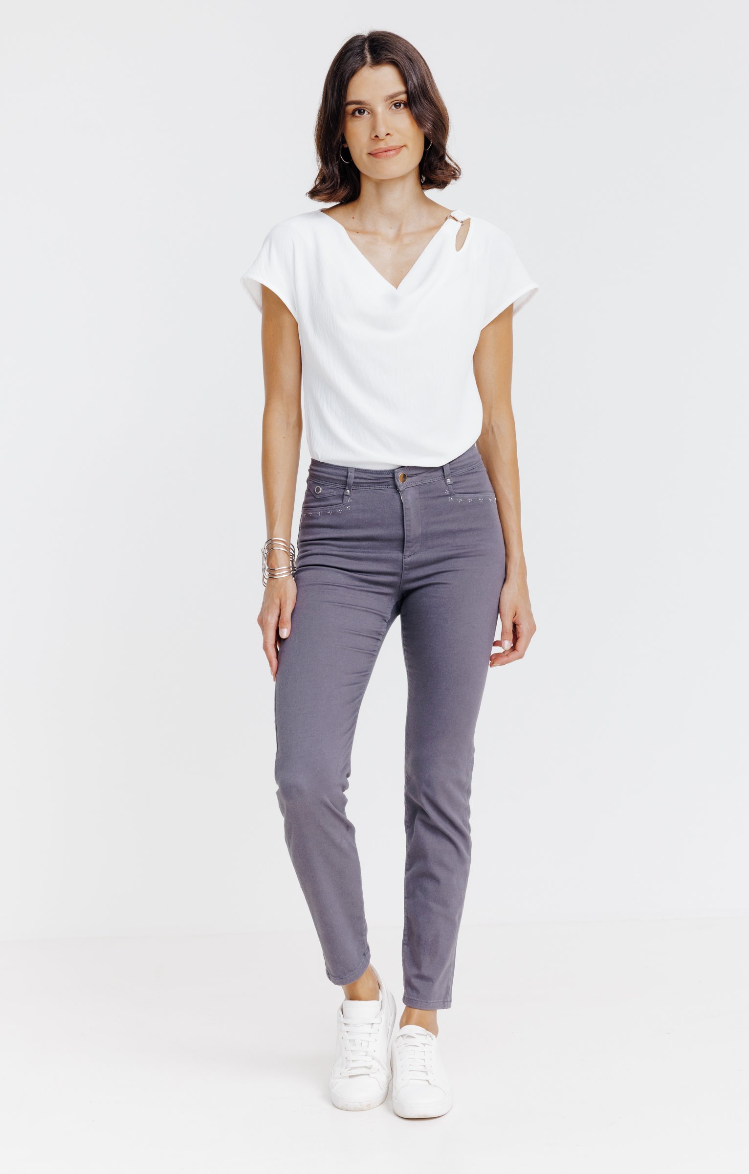 Pantalon 7/8 brodé en coton viscose - GRIS MOYEN